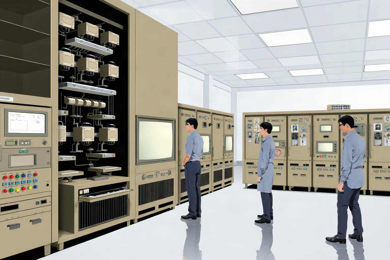 Illustration of technicians standing beside a massive vacuum-tube computer filling a room