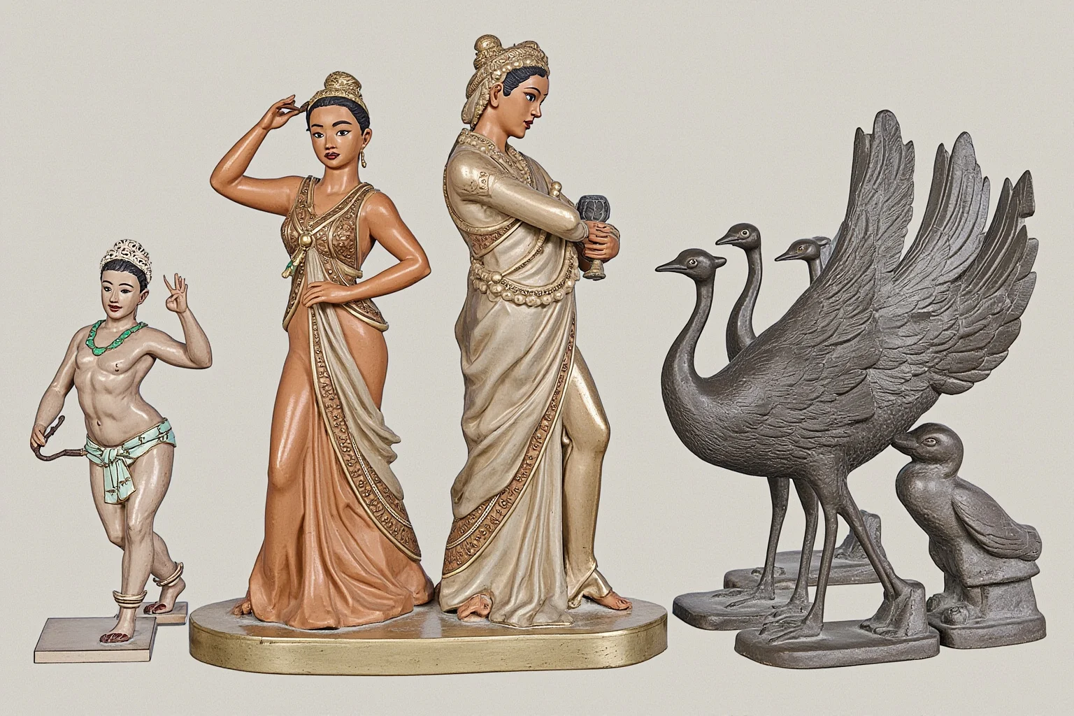 Illustration of terracotta acrobat and musician figures alongside bronze waterfowl statues