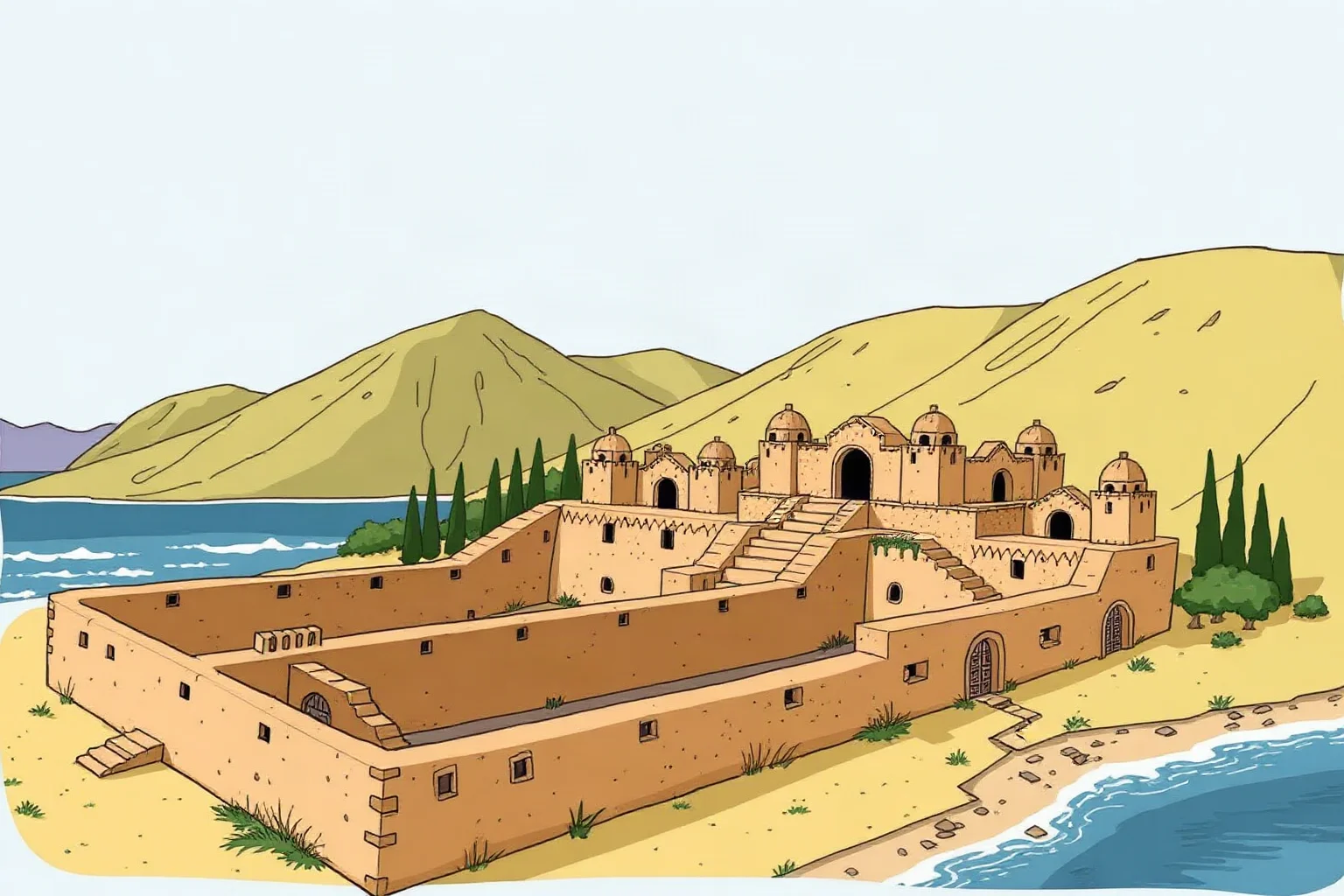 Illustration of the adobe walled compounds of ancient Chan Chan in coastal Peru
