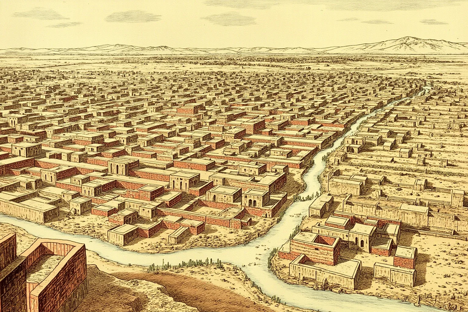 Illustration of the ancient Indus Valley city of Mohenjo-daro with planned brick streets and drainage channels