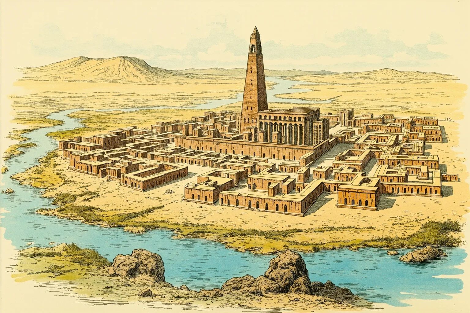 Illustration of the ancient Mesopotamian city of Uruk with towering temple complex beside a river