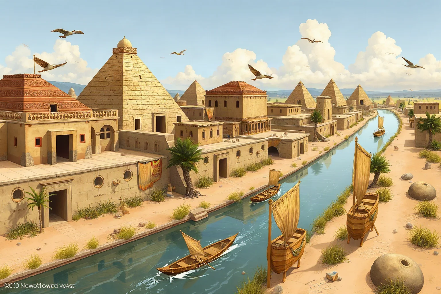 Illustration of the ancient Mesopotamian city of Uruk with ziggurats and reed boats along a canal