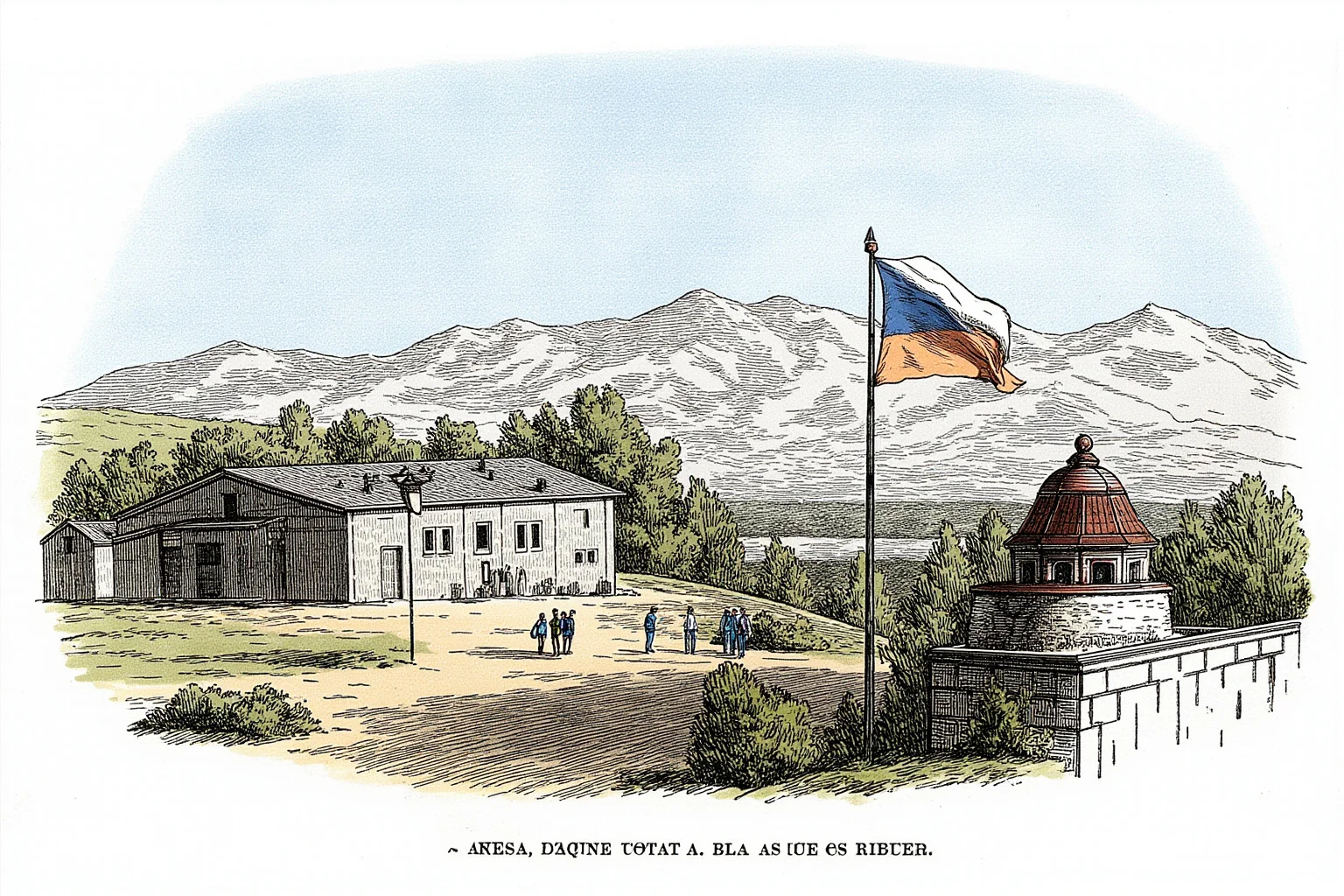 Illustration of the Andes mountains with a small 19th-century plaza and flag in the foreground