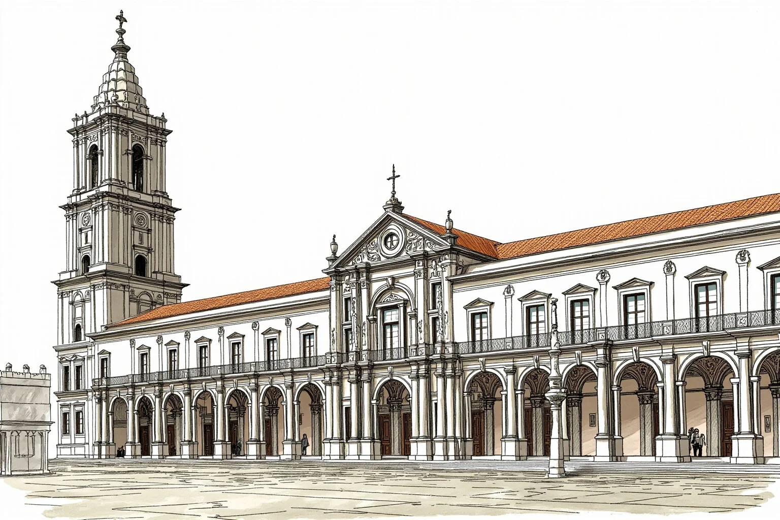 Illustration of the baroque library and clock tower of the University of Coimbra in Portugal