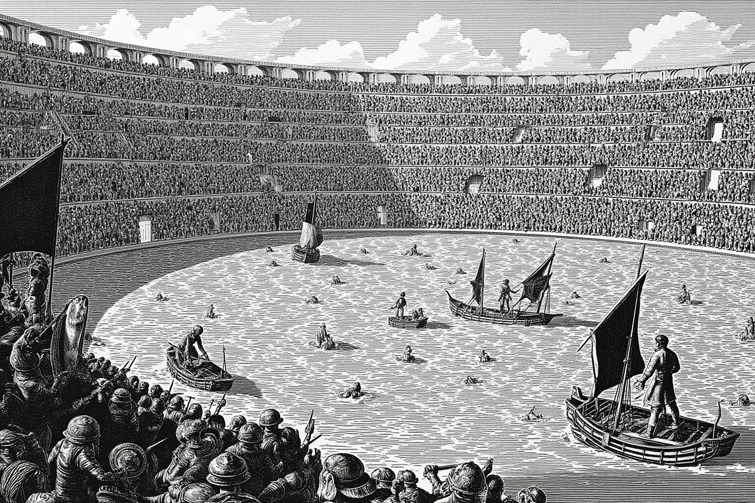 Illustration of the Colosseum arena flooded with water and small ships for a staged battle