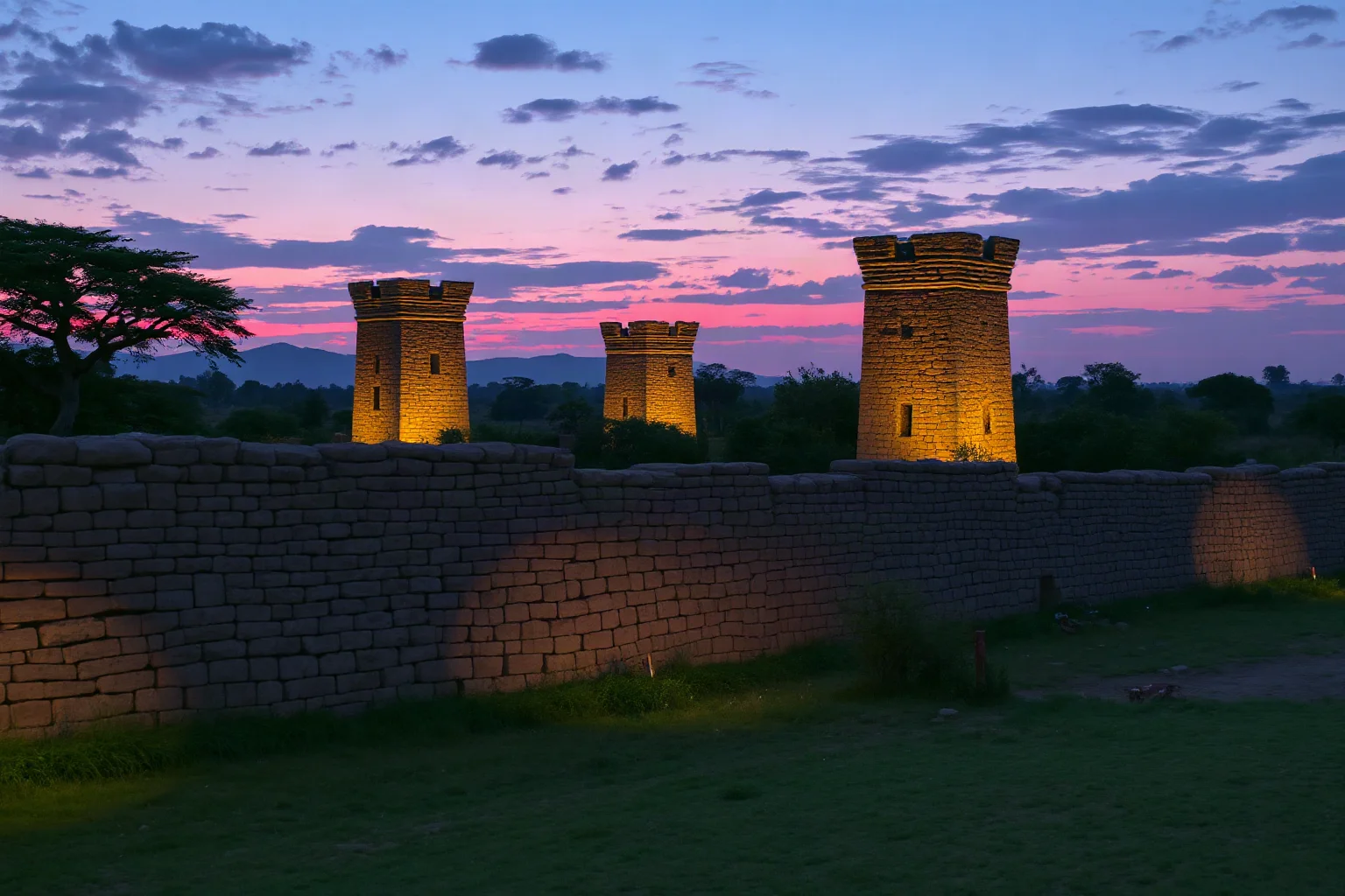 Illustration of the dry-stone walls and towers of Great Zimbabwe at dusk