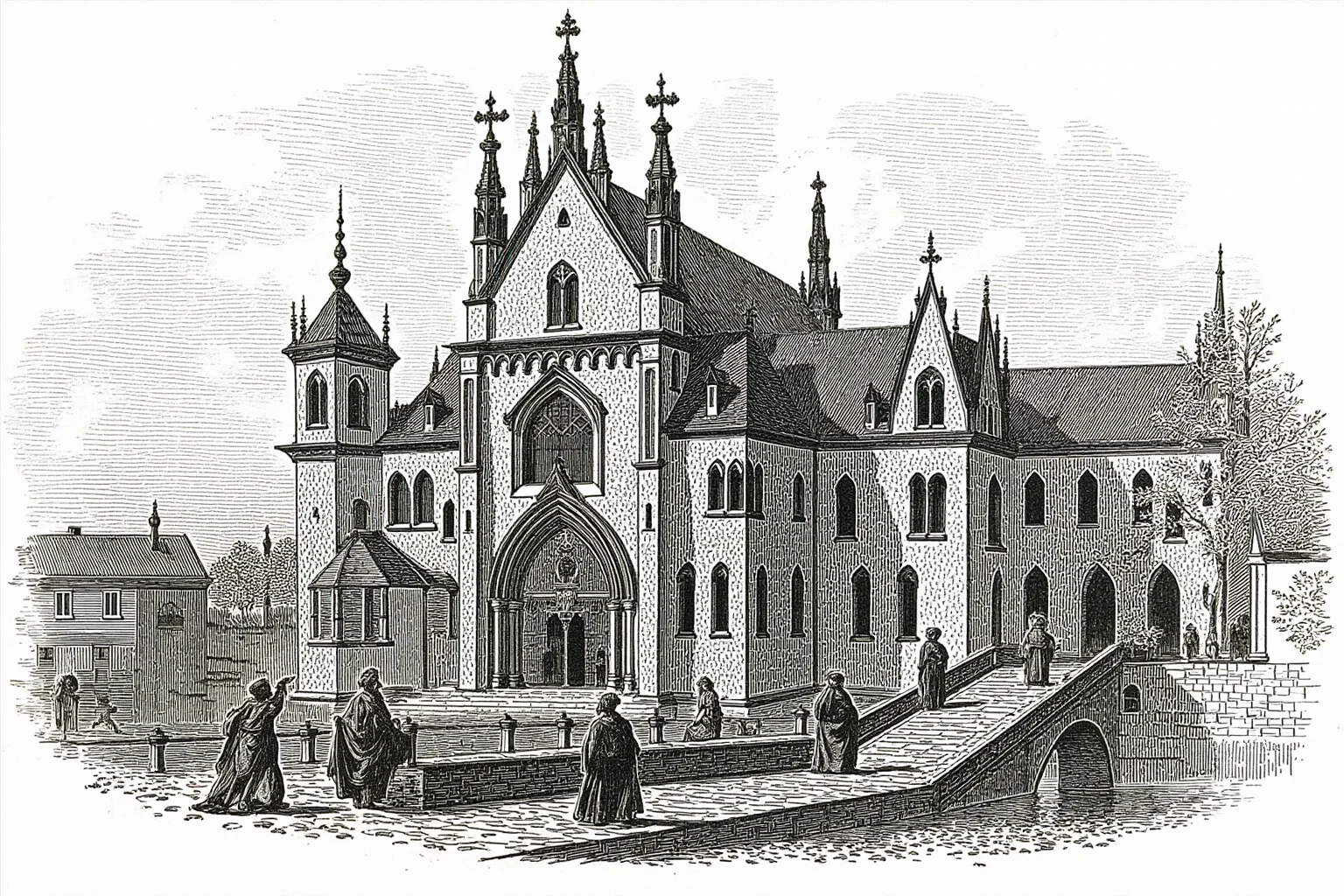 Illustration of the Gothic Charles University building in Prague with medieval scholars near a stone bridge