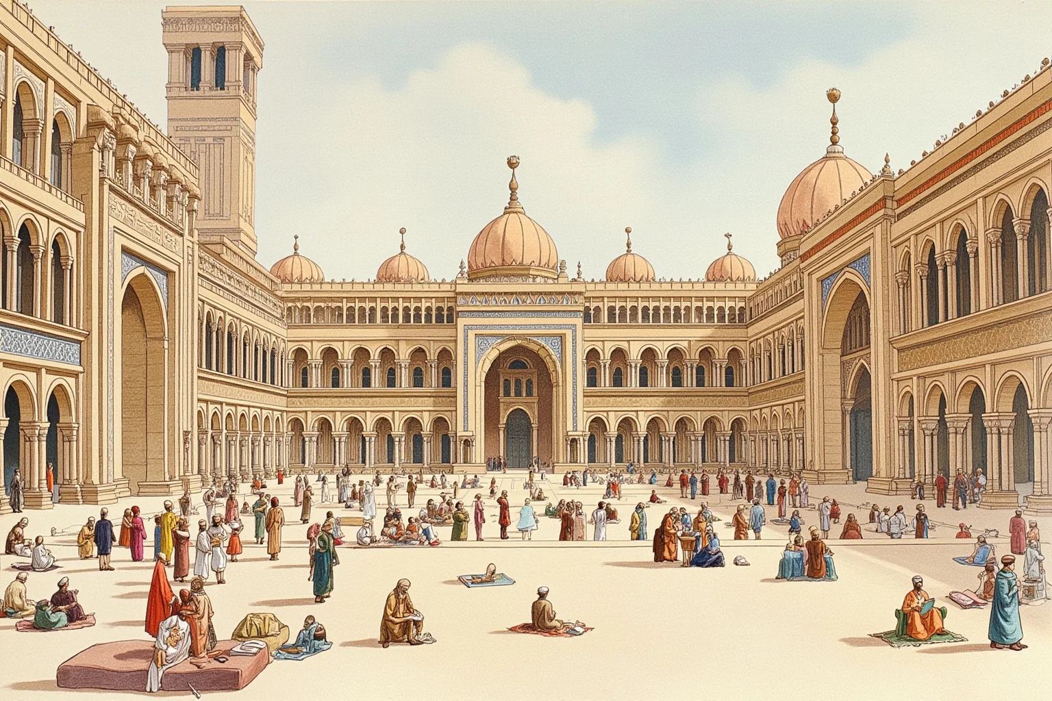 Illustration of the grand courtyard of Al-Azhar mosque-university in Cairo with students in traditional dress studying