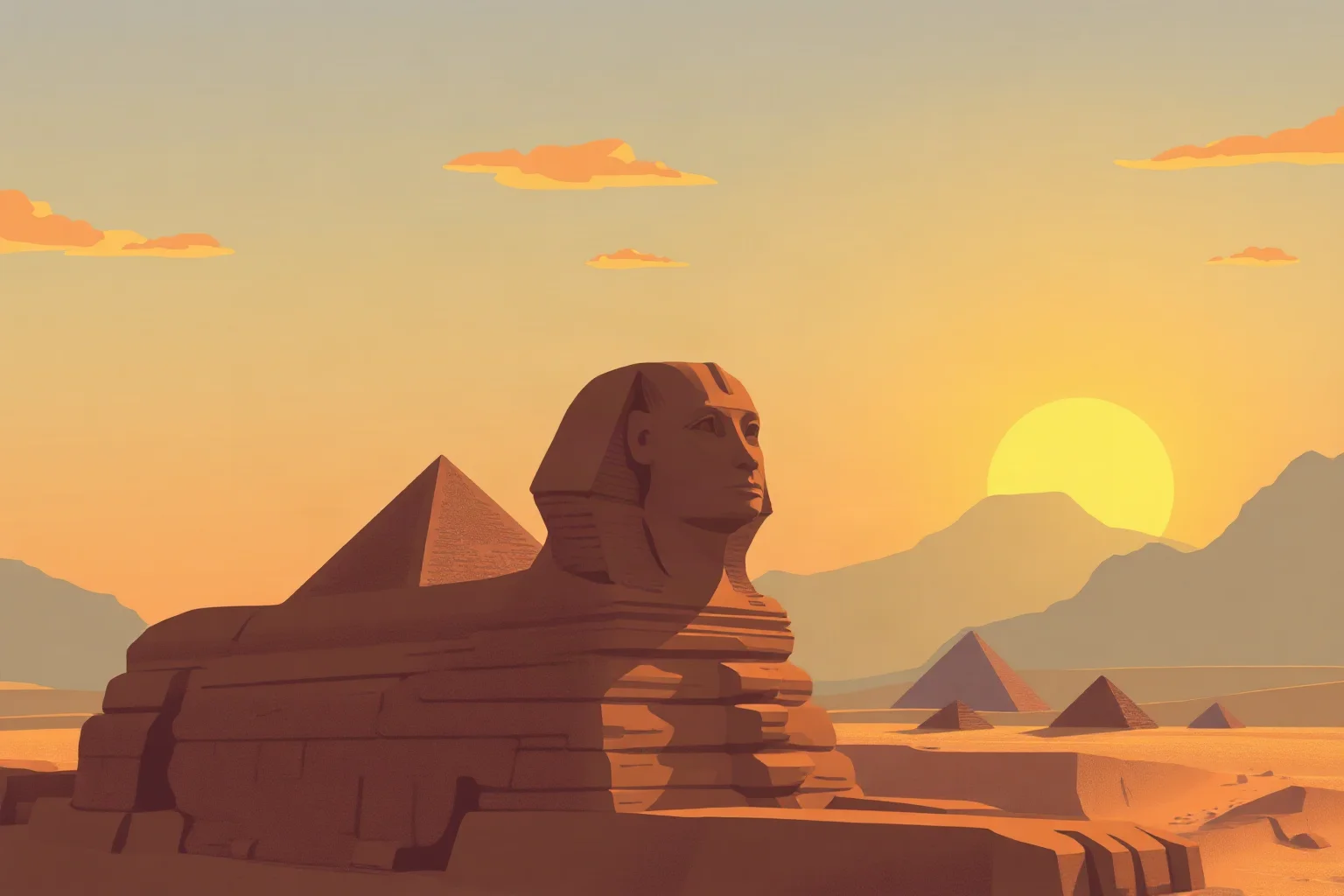 Illustration of the Great Sphinx of Giza partially lit by a dramatic desert sunrise