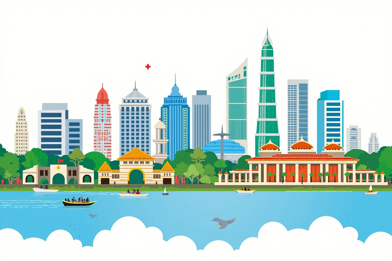Illustration of the Ho Chi Minh City skyline today blending modern buildings with historic landmarks