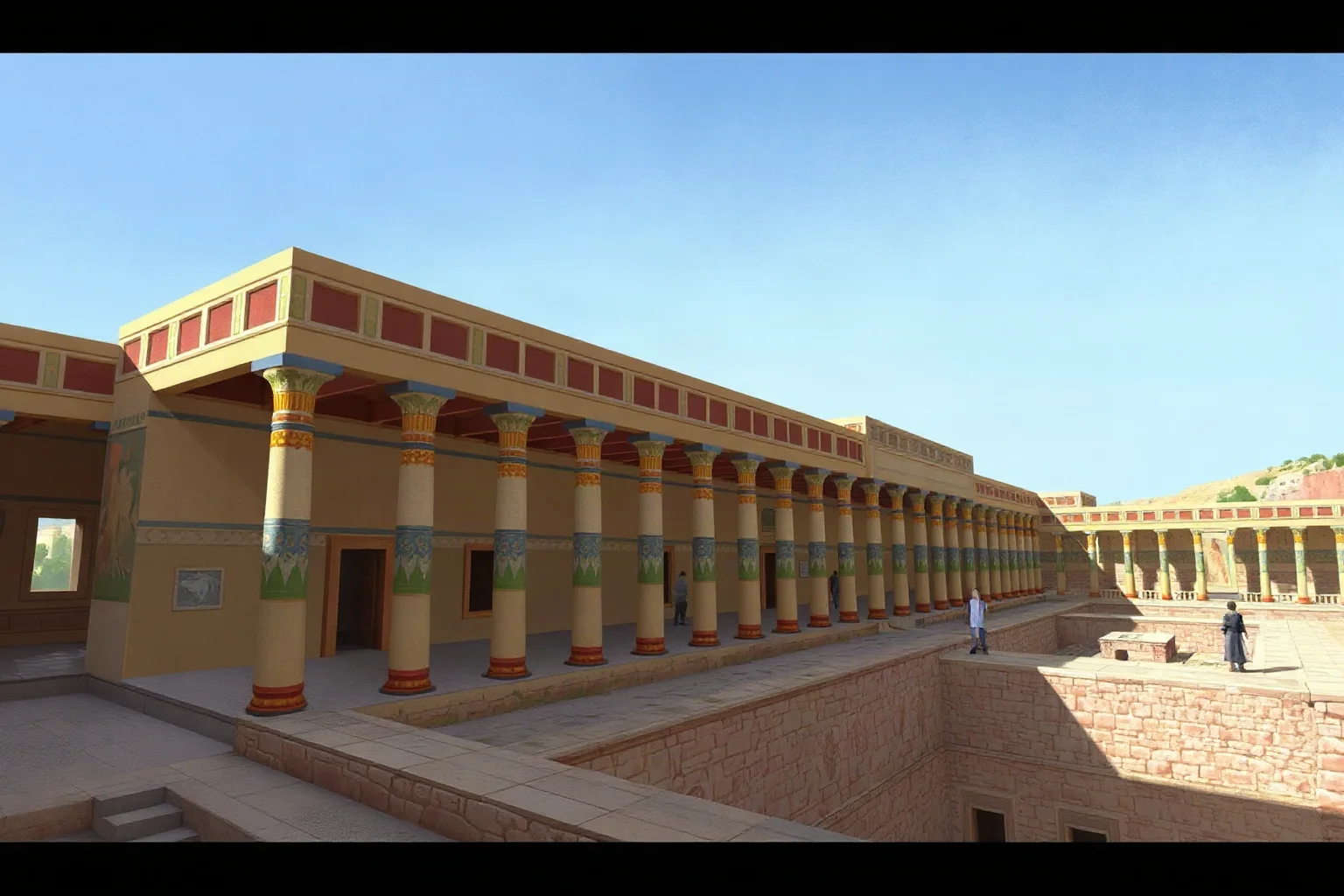 Illustration of the Minoan palace of Knossos with painted columns and courtyards