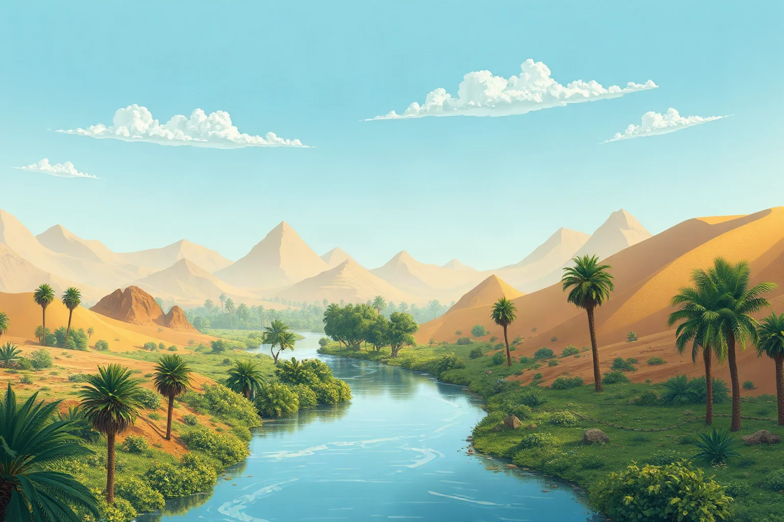 Illustration of the Nile River flooding lush green fields beside golden desert sand