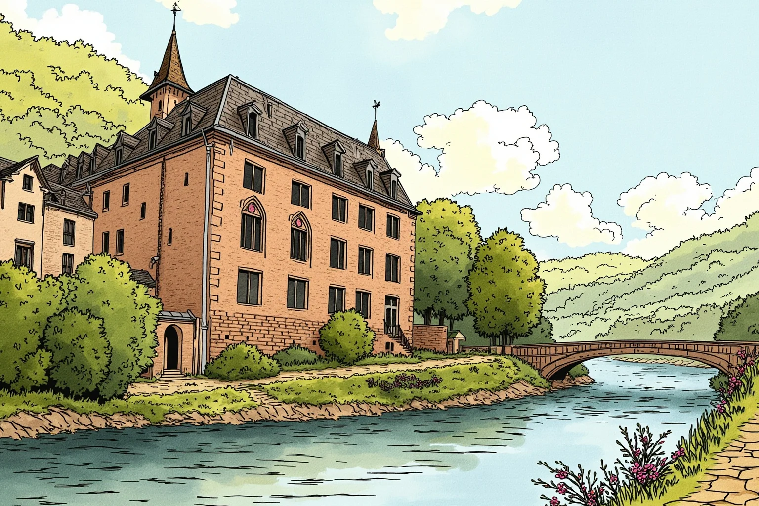 Illustration of the old Heidelberg University building on a hillside overlooking a river