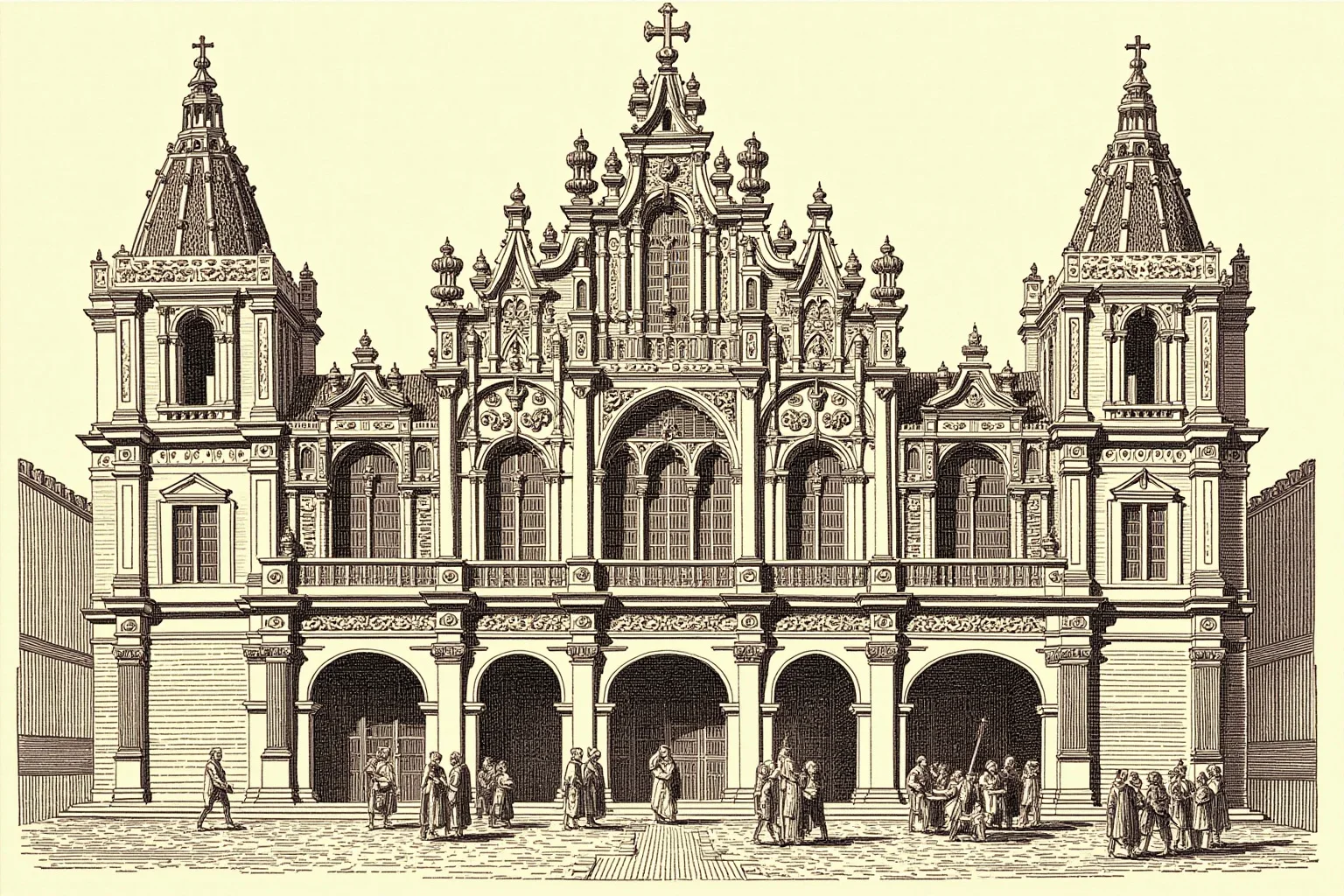 Illustration of the ornate Plateresque facade of the University of Salamanca with medieval scholars nearby
