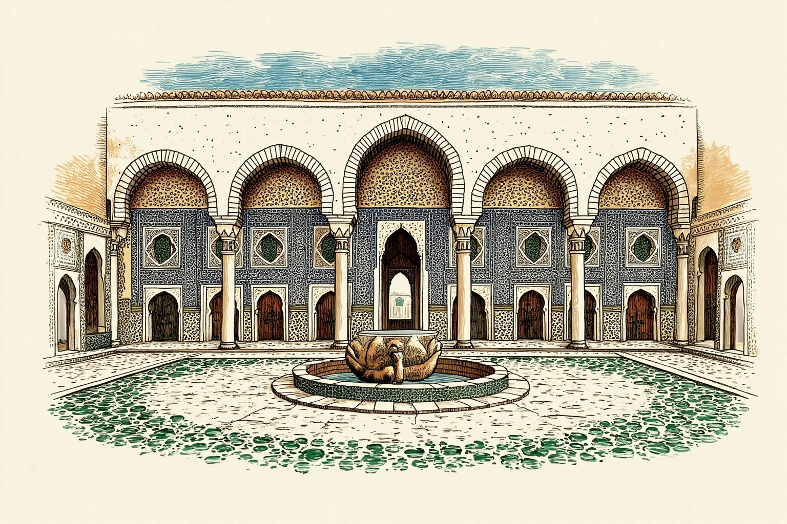 Illustration of the ornate tiled courtyard of the Al-Qarawiyyin mosque-university in Fez, Morocco