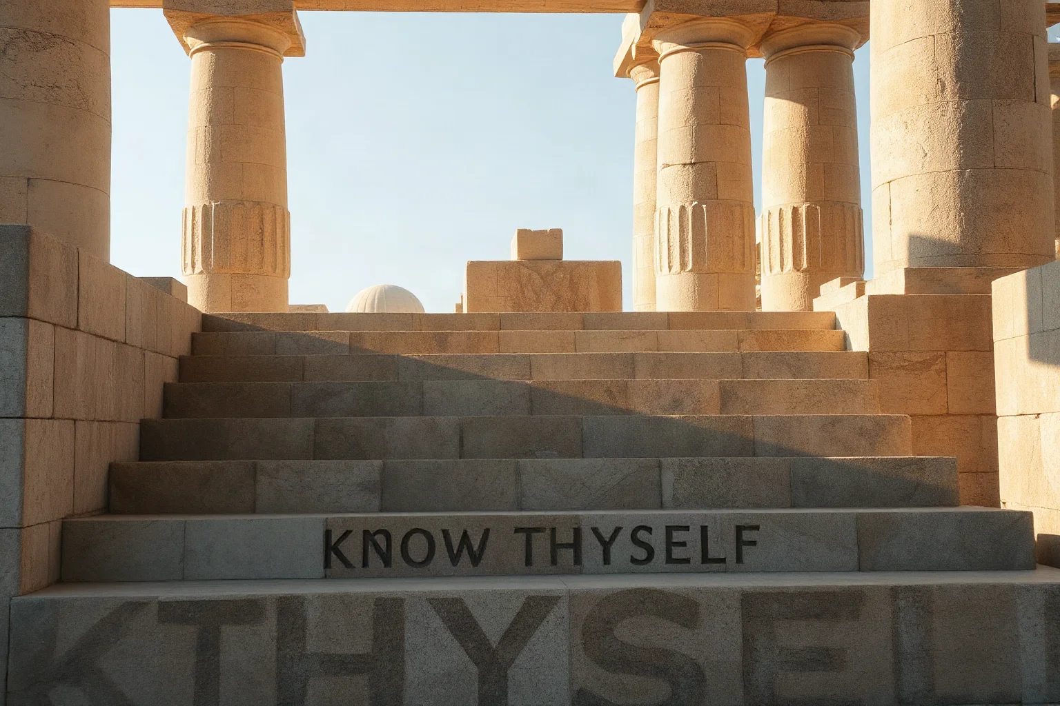 Illustration of the phrase 'know thyself' carved into ancient temple stone steps, weathered marble texture