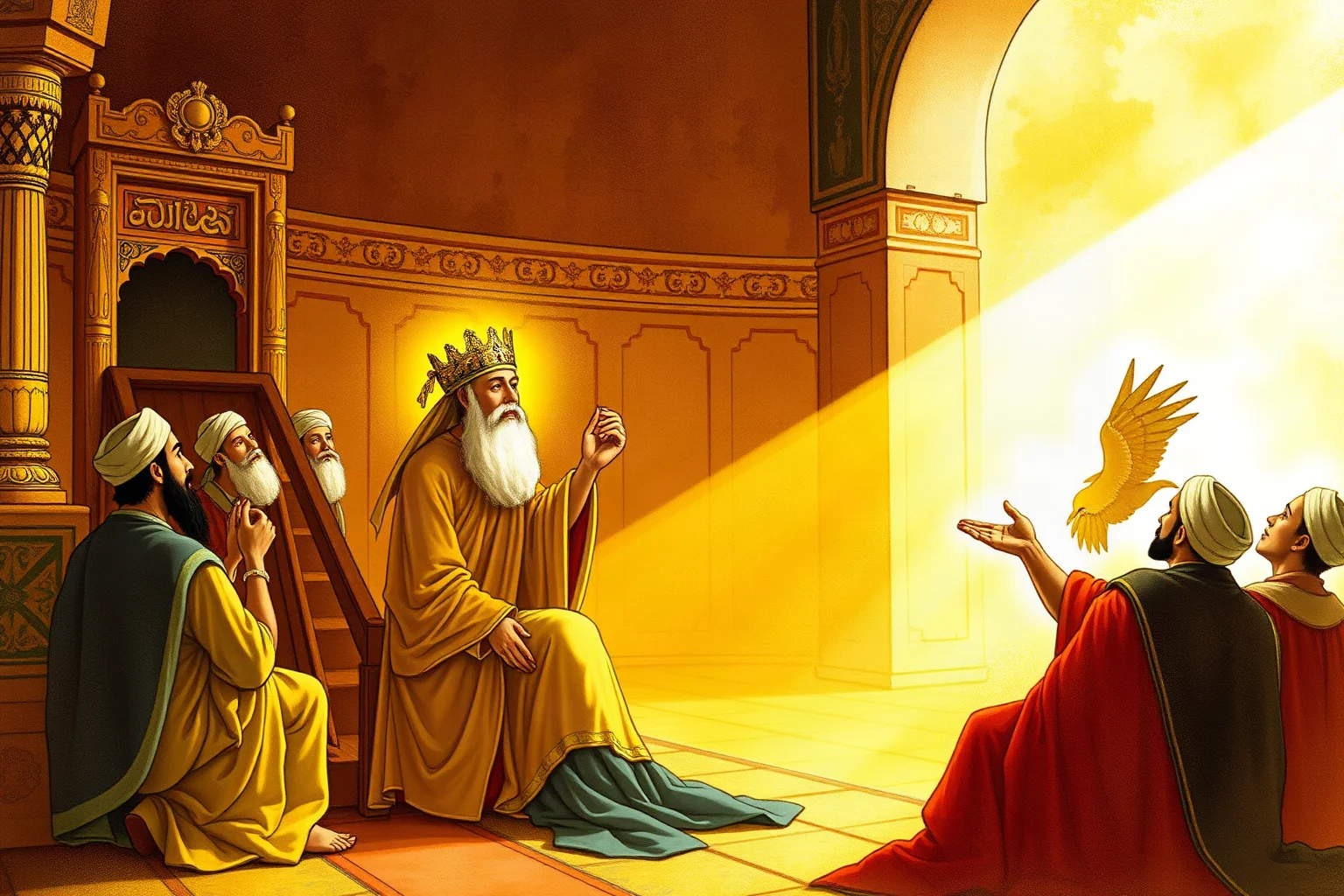 Illustration of the prophet Mani teaching in a Persian court, Manichaean dualistic symbolism of light and dark