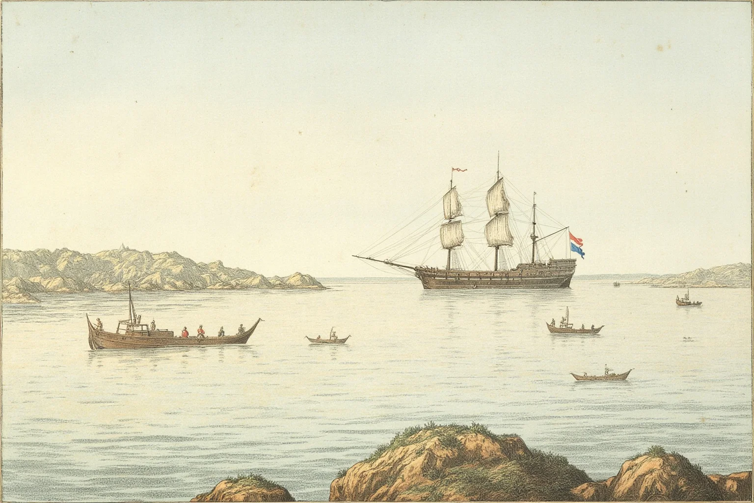 Illustration of the Río de la Plata estuary with an old sailing ship and silver-colored water