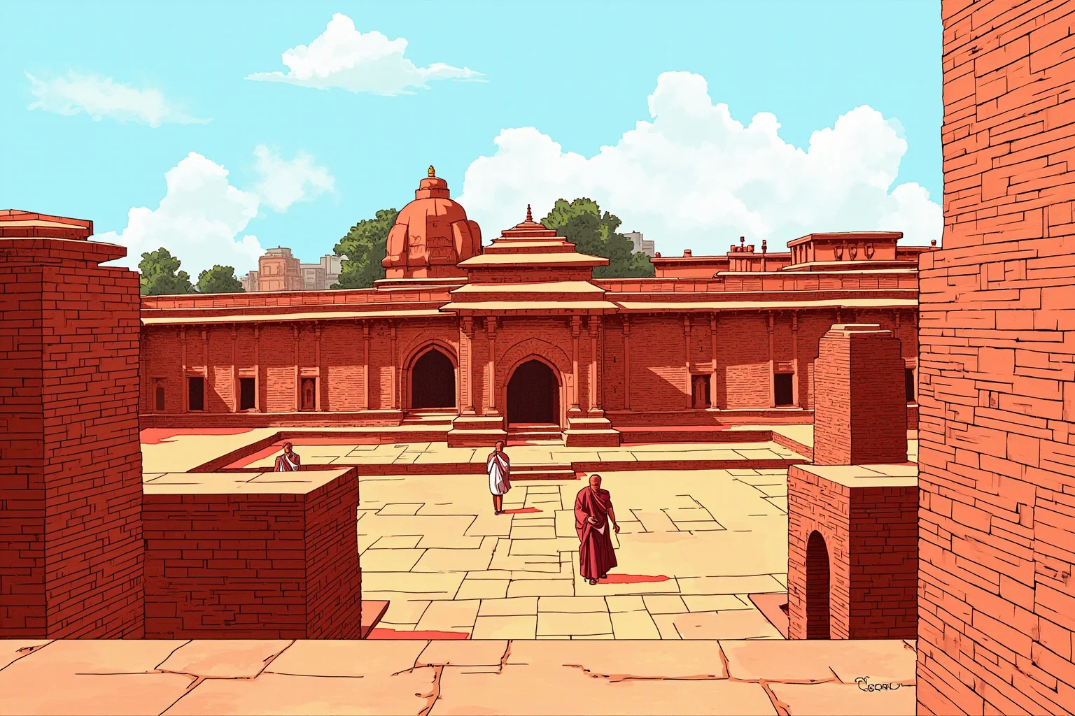 Illustration of the ruins of Nalanda University in India, red brick monastery buildings with Buddhist monks walking through courtyards