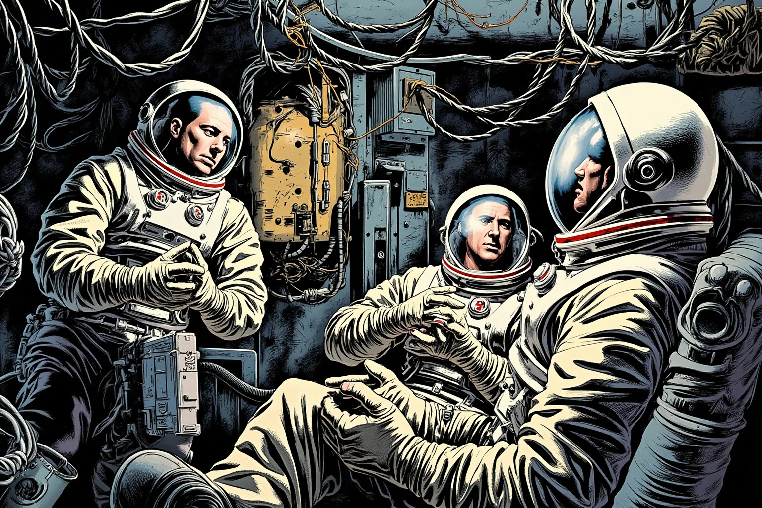 Illustration of three astronauts in a cramped spacecraft cabin surrounded by wires and makeshift repairs, tense atmosphere