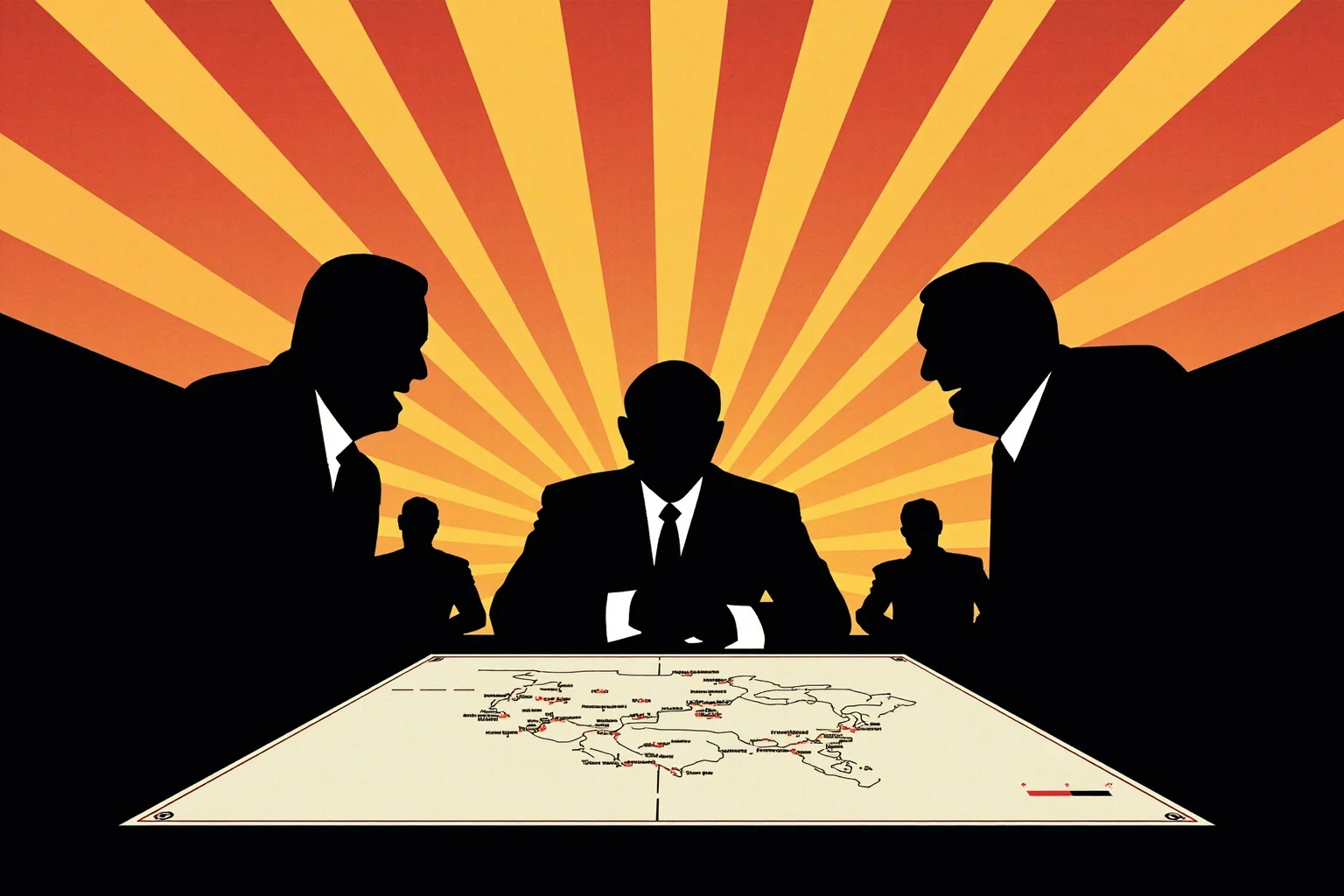 Illustration of three world leaders' silhouettes seated at a conference table with a wartime map spread between them, generic figures