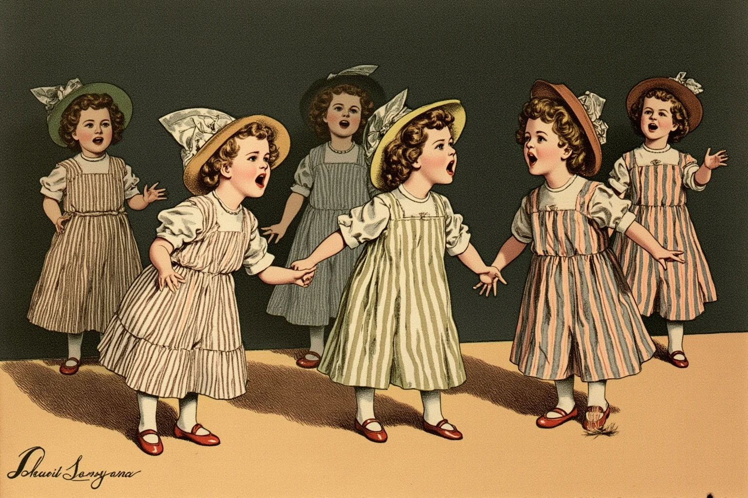The Heartbreaking Life Story of Judy Garland: 26 Facts You Should Know 4 Illustration of three young sisters in matching vaudeville stage costumes singing on an old theater stage