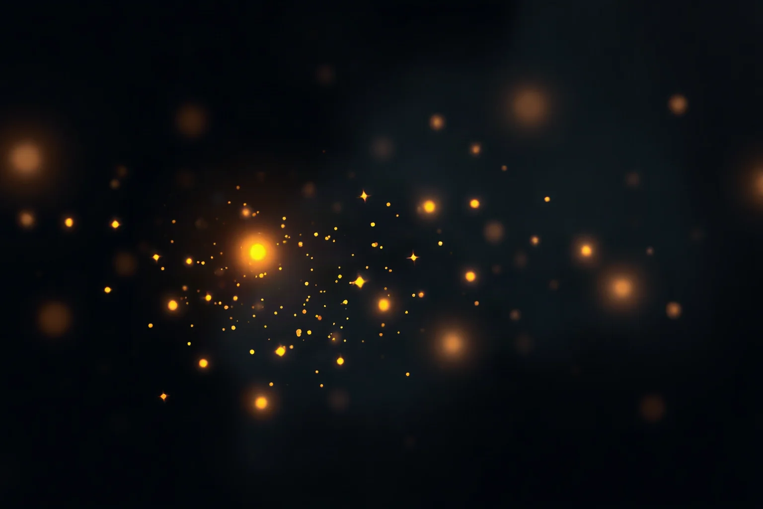 Illustration of tiny glowing particles floating in dark empty space, abstract and symbolic, no text