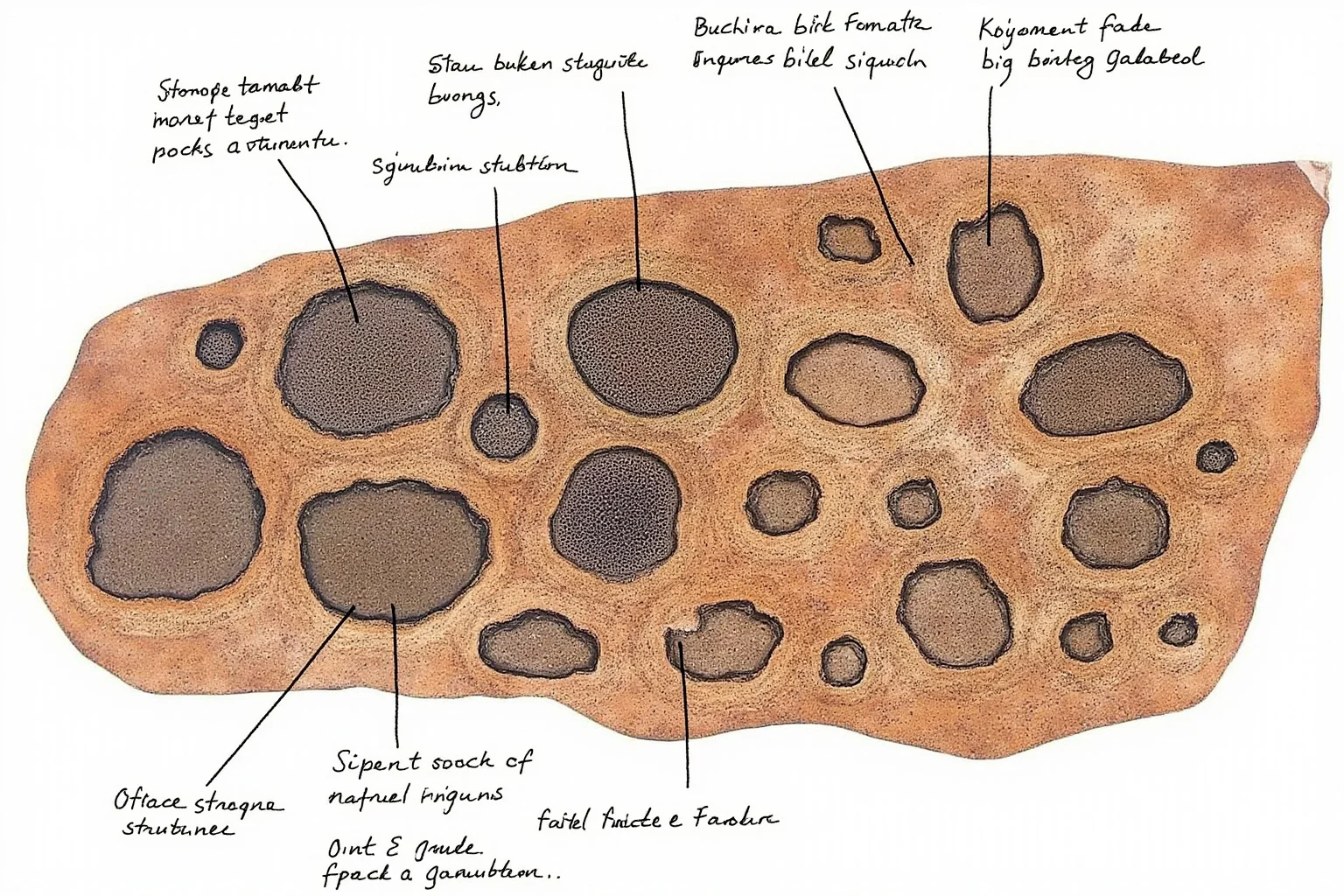 Illustration of tiny sponge-like Otavia antiqua fossil structures embedded in ancient Namibian rock