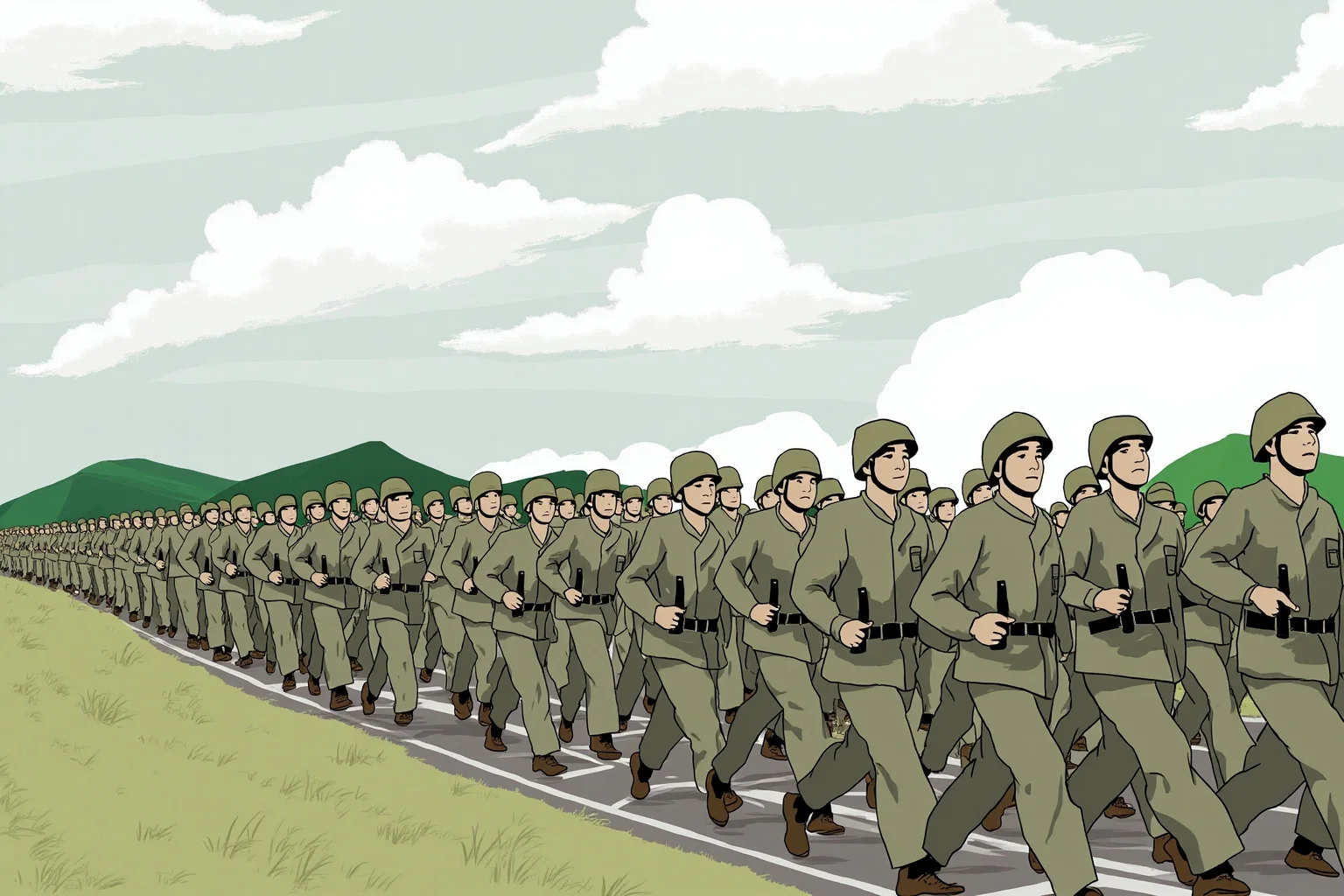 Illustration of troops crossing a demarcation line under overcast skies, Korean peninsula landscape