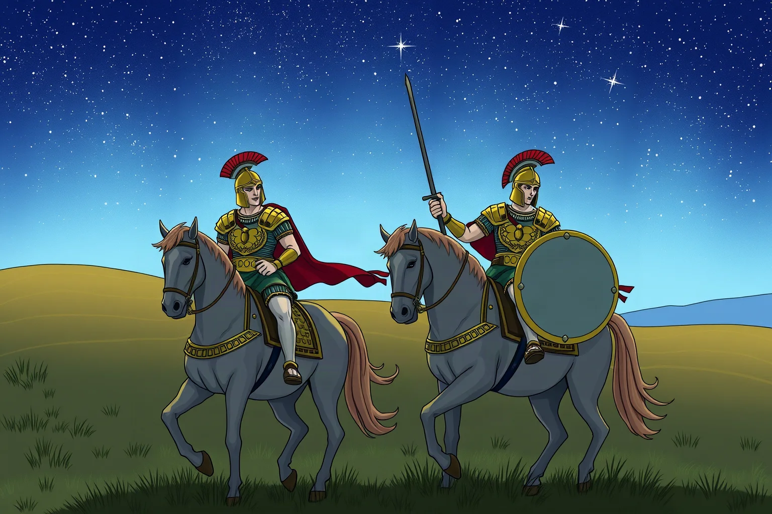 Illustration of twin ancient Greek warriors on horseback, matching armor, under a starry night sky