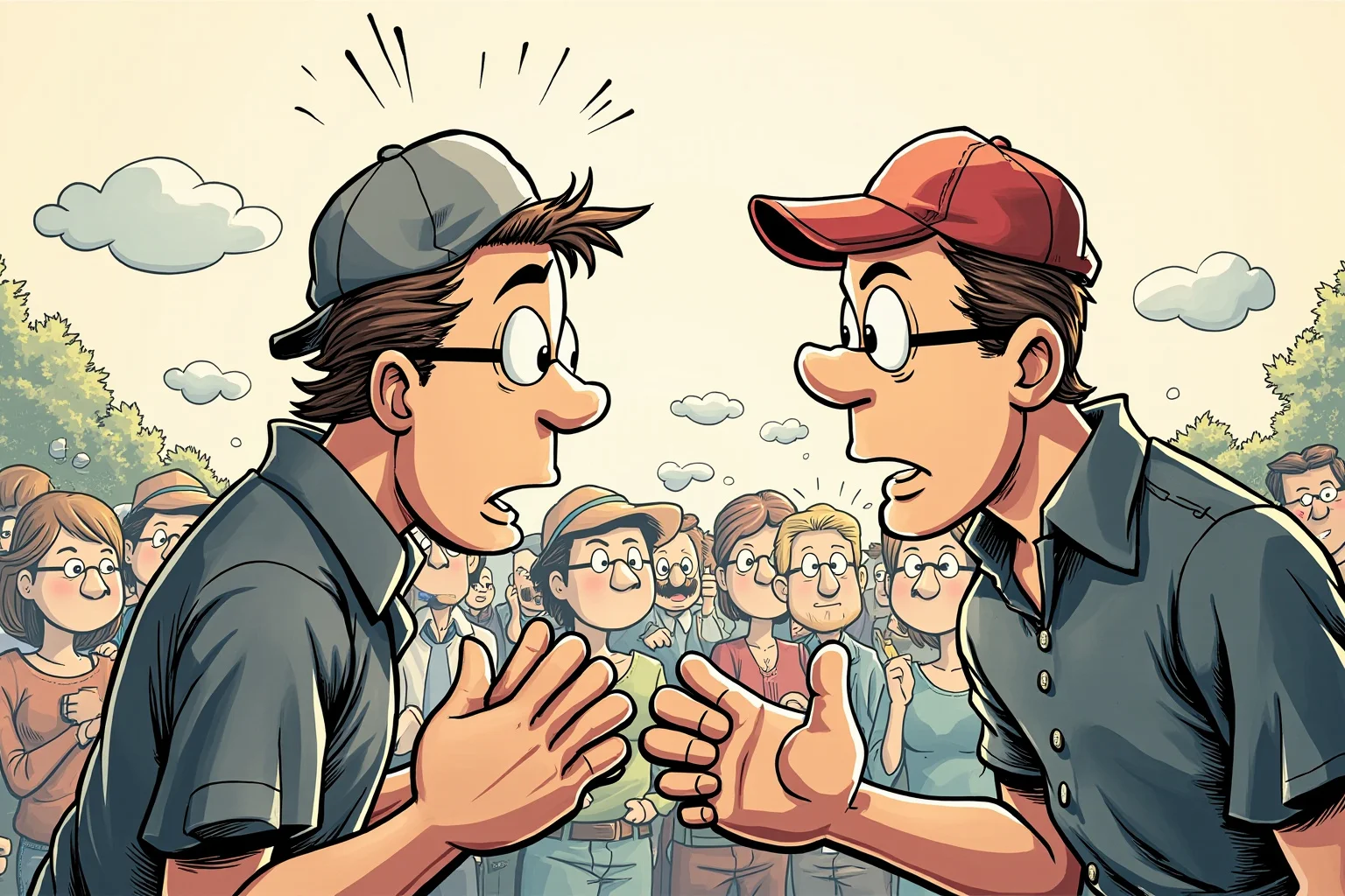 26 Famous Mark Twain Quotes (And the Ones He Never Actually Said) 27 Illustration of two cartoon figures arguing while a crowd of onlookers shrugs, comic strip style