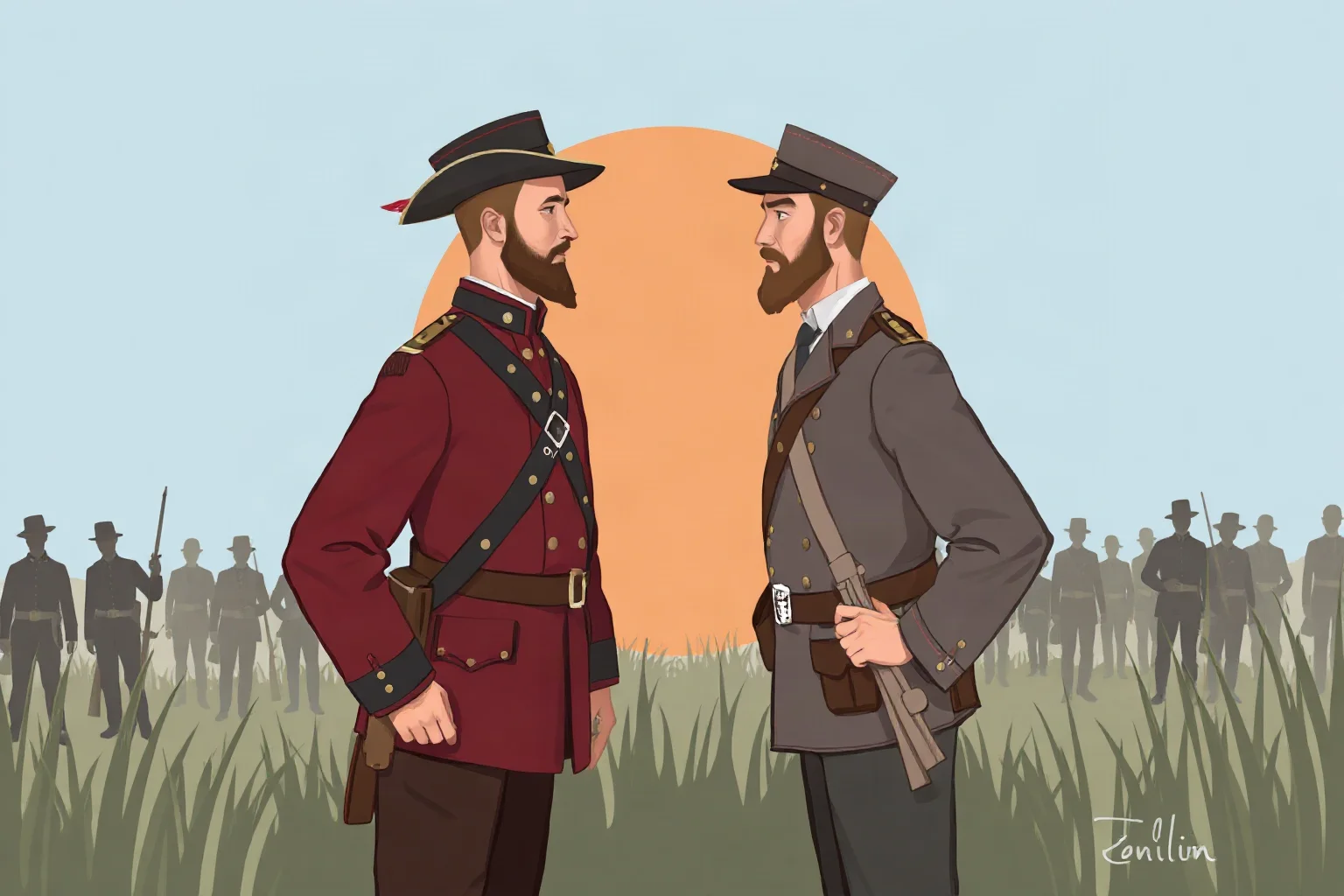Illustration of two Civil War soldiers in opposing uniforms, one Union and one Confederate, facing each other with a family resemblance, symbolic and non-violent