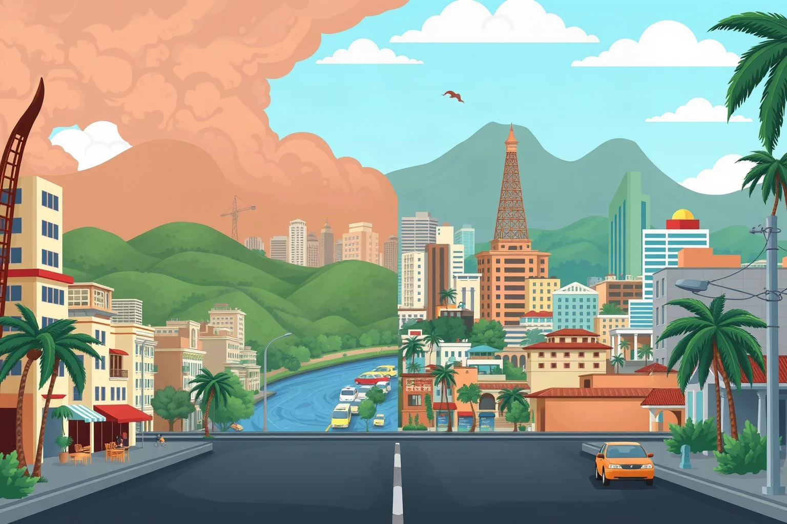 Illustration of two contrasting Central American cityscapes representing economic imbalance