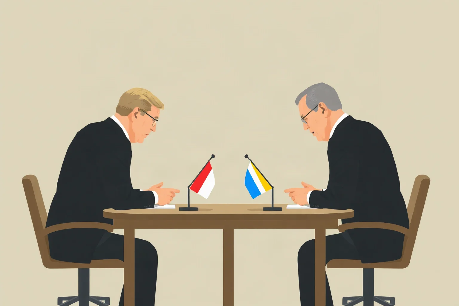 Illustration of two diplomats turning away from each other at a negotiating table