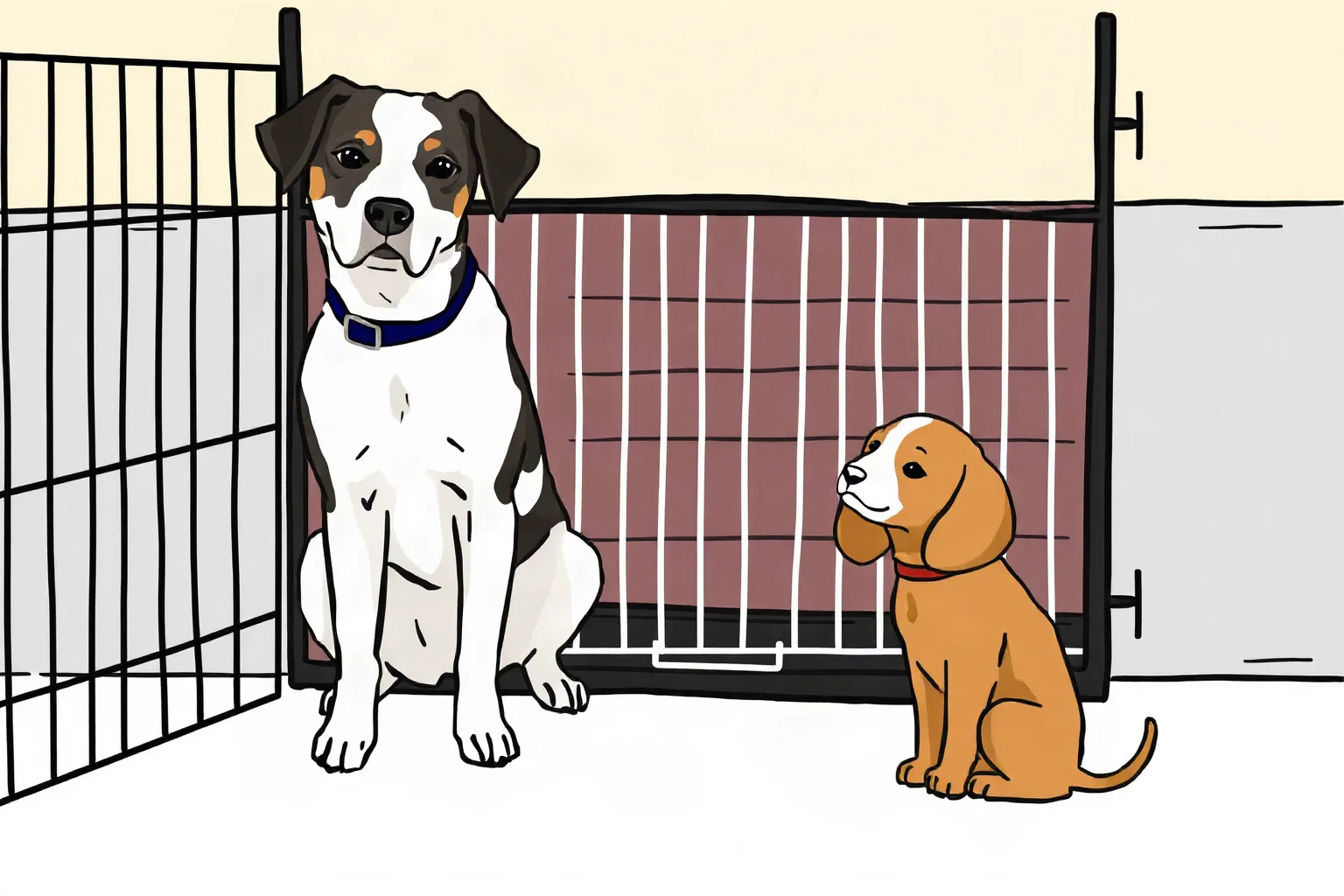 Illustration of two dogs of different sizes side by side in a simple kennel setting, one larger and one smaller