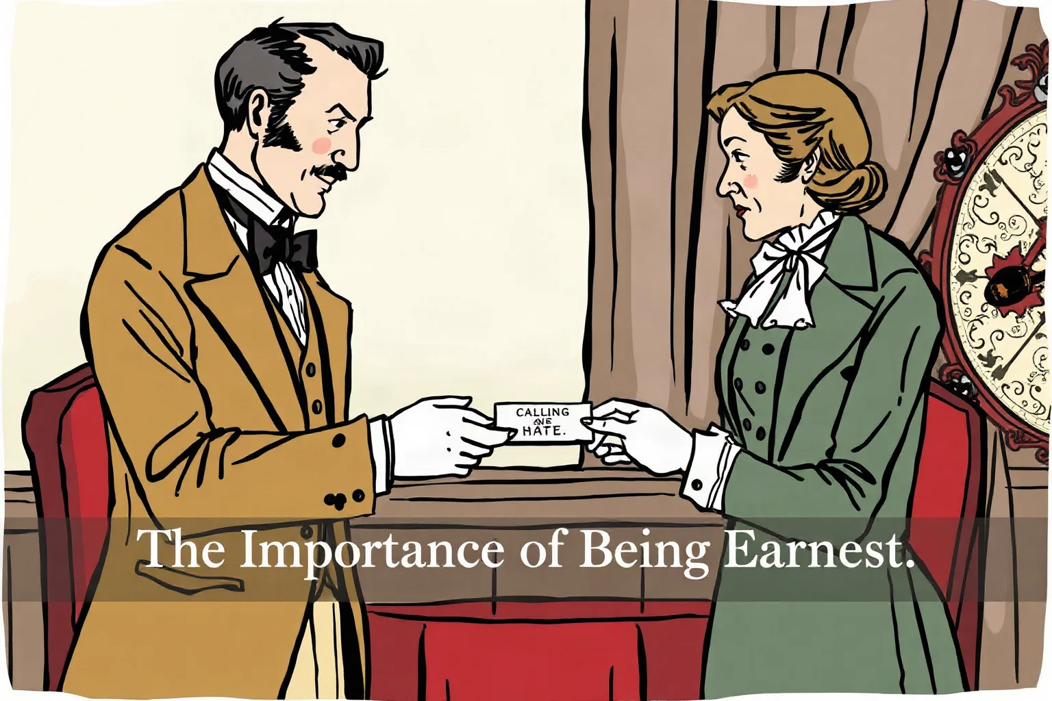 Illustration of two elegantly dressed Victorian-era figures exchanging a calling card with mock seriousness, evoking The Importance of Being Earnest