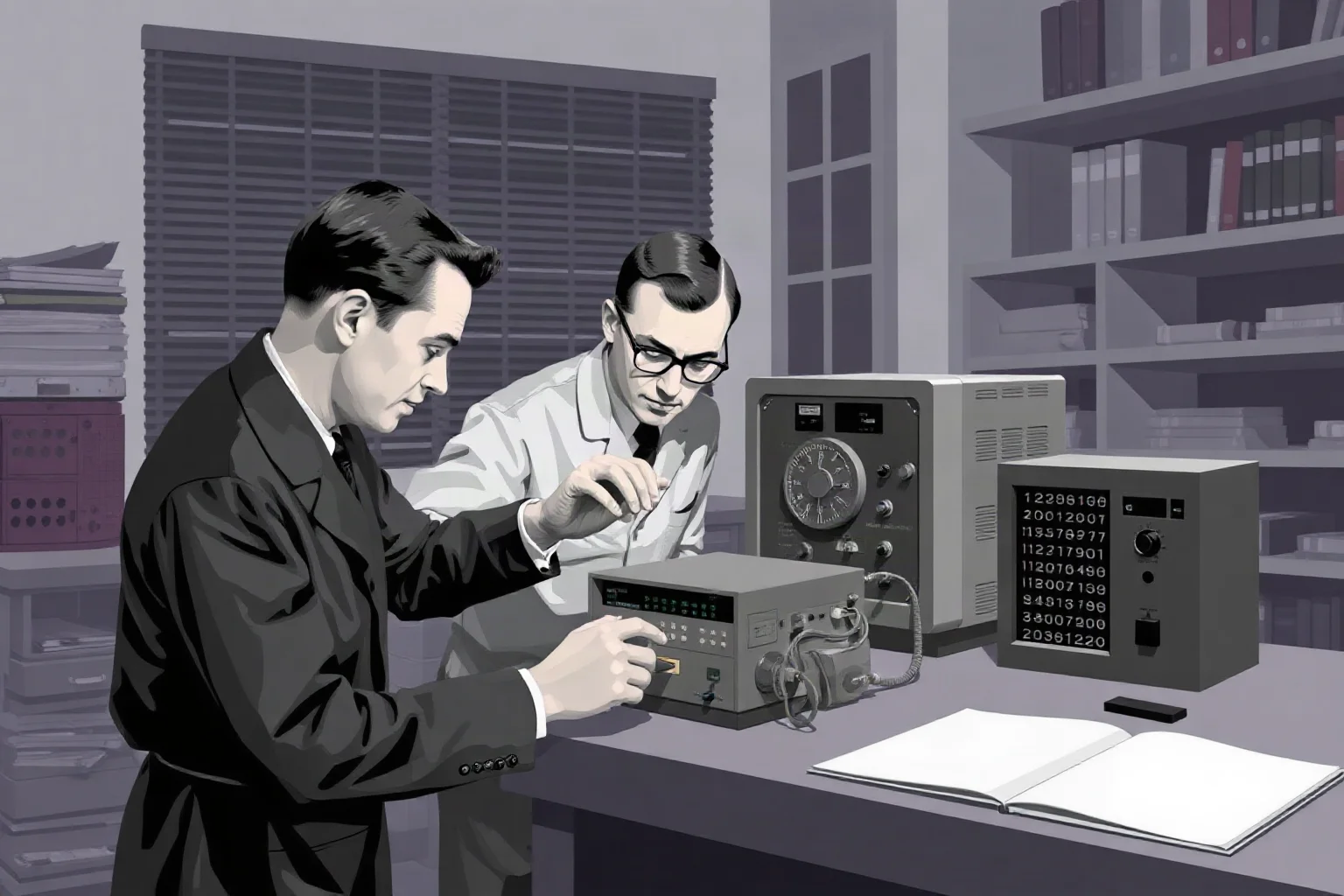 Illustration of two engineers in a 1940s lab assembling an early electronic computing device