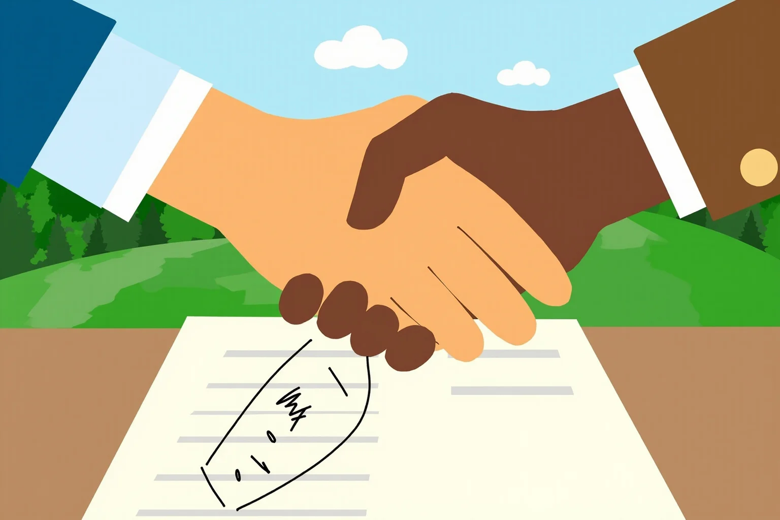 22 Historical Events That Will Restore Your Faith In Humanity 20 Illustration of two hands from different communities shaking over a signed document, a green countryside landscape behind them