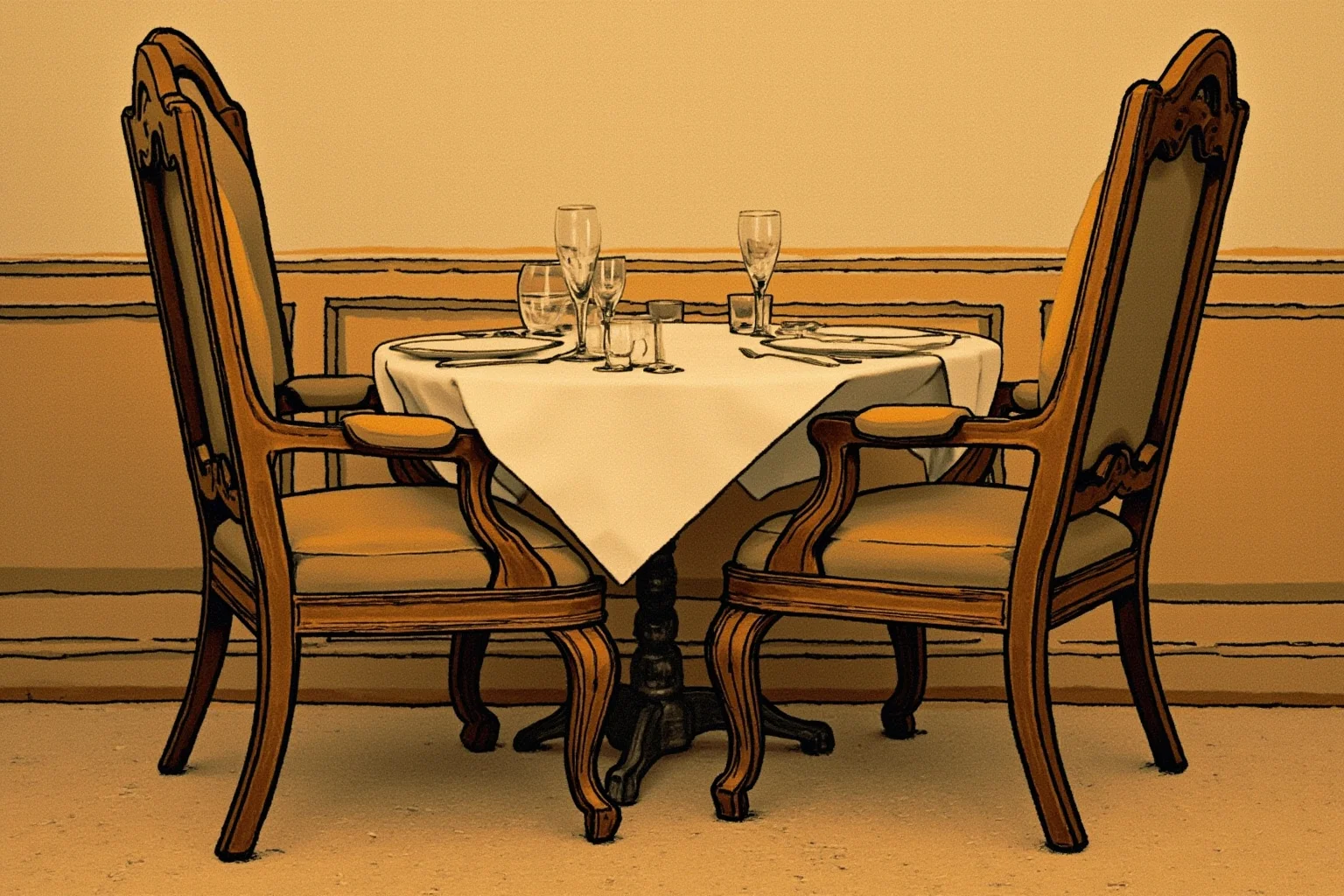 Illustration of two identical ornate royal dining chairs facing each other in a small vintage restaurant interior, warm sepia tones, no visible faces