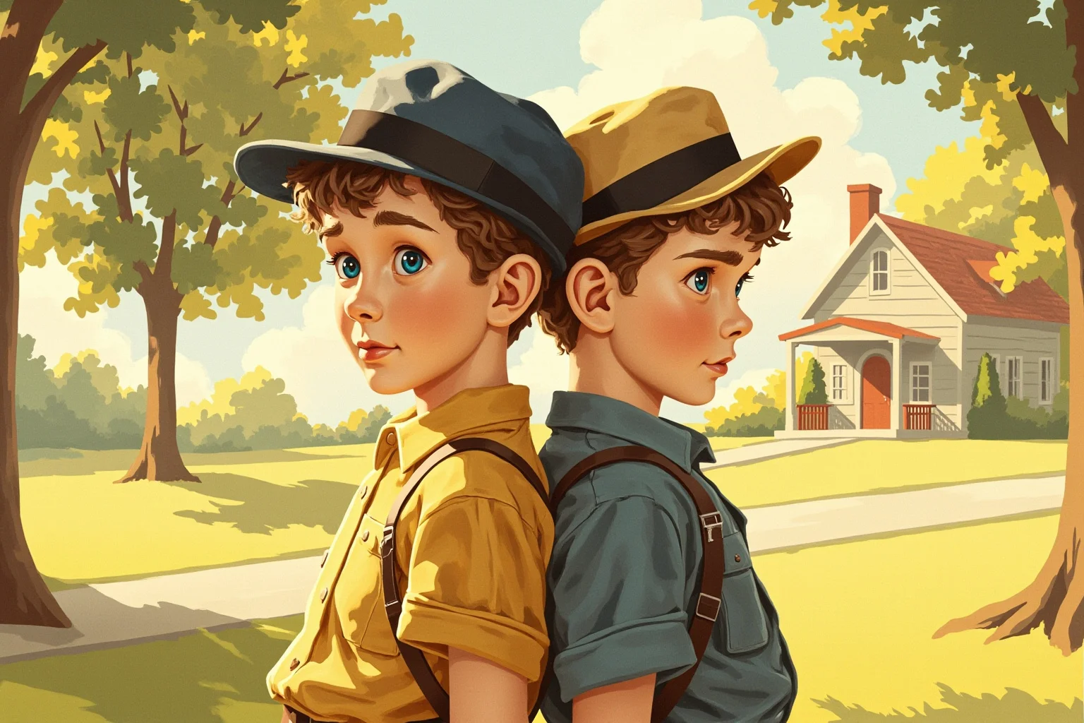Illustration of two identical young boys in 1940s clothing standing back to back in a sunny suburban yard, warm nostalgic color palette