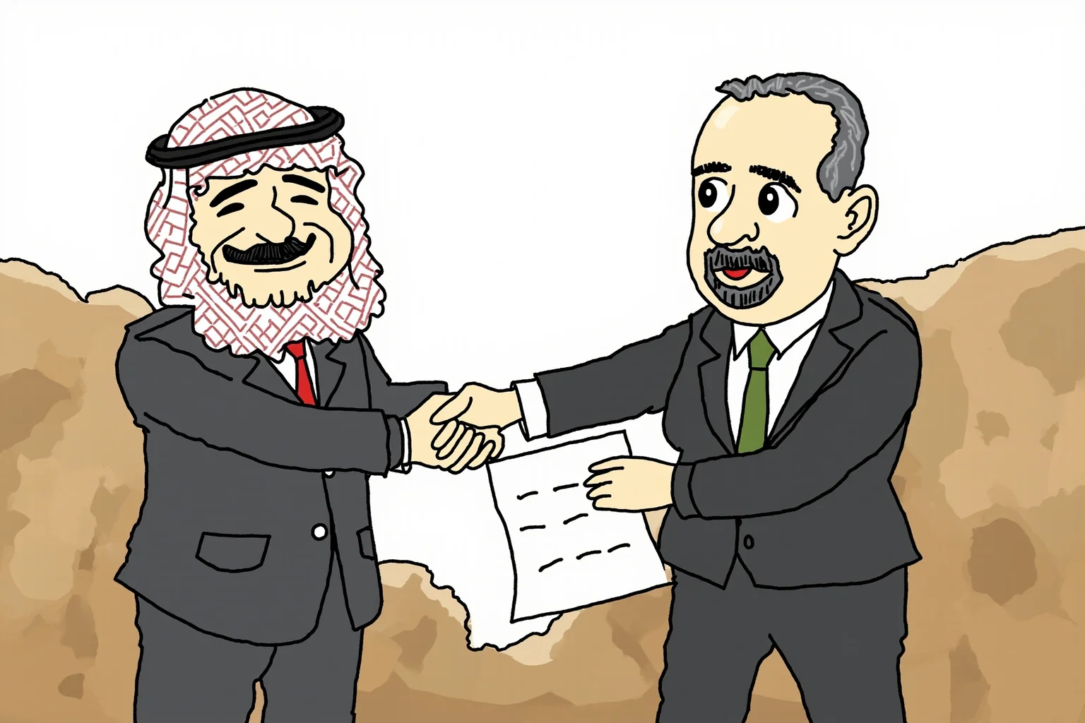 Illustration of two Middle Eastern and Western diplomats shaking hands over a signed peace document, generic figures, outdoor setting