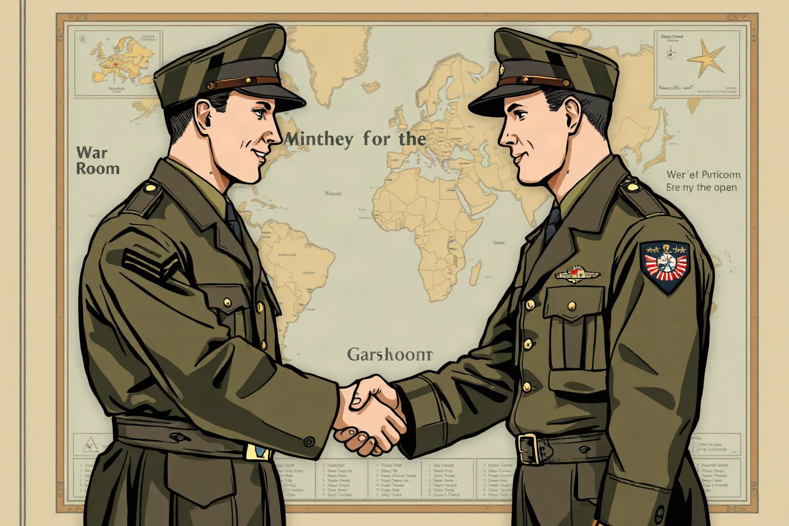 Illustration of two military officers shaking hands in front of a war room map, WWII era