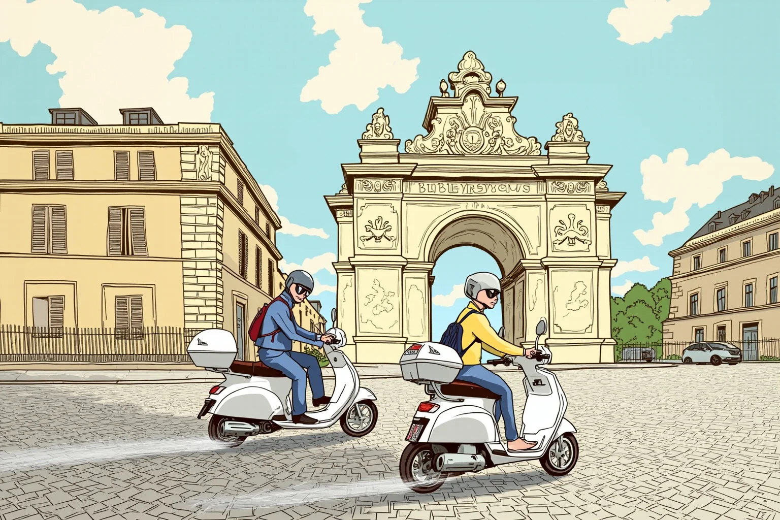 The Louvre Is No Stranger to Losing Millions: Inside the Museum's Biggest Heists 18 Illustration of two motor scooters speeding away from a grand museum building through cobblestone Paris streets