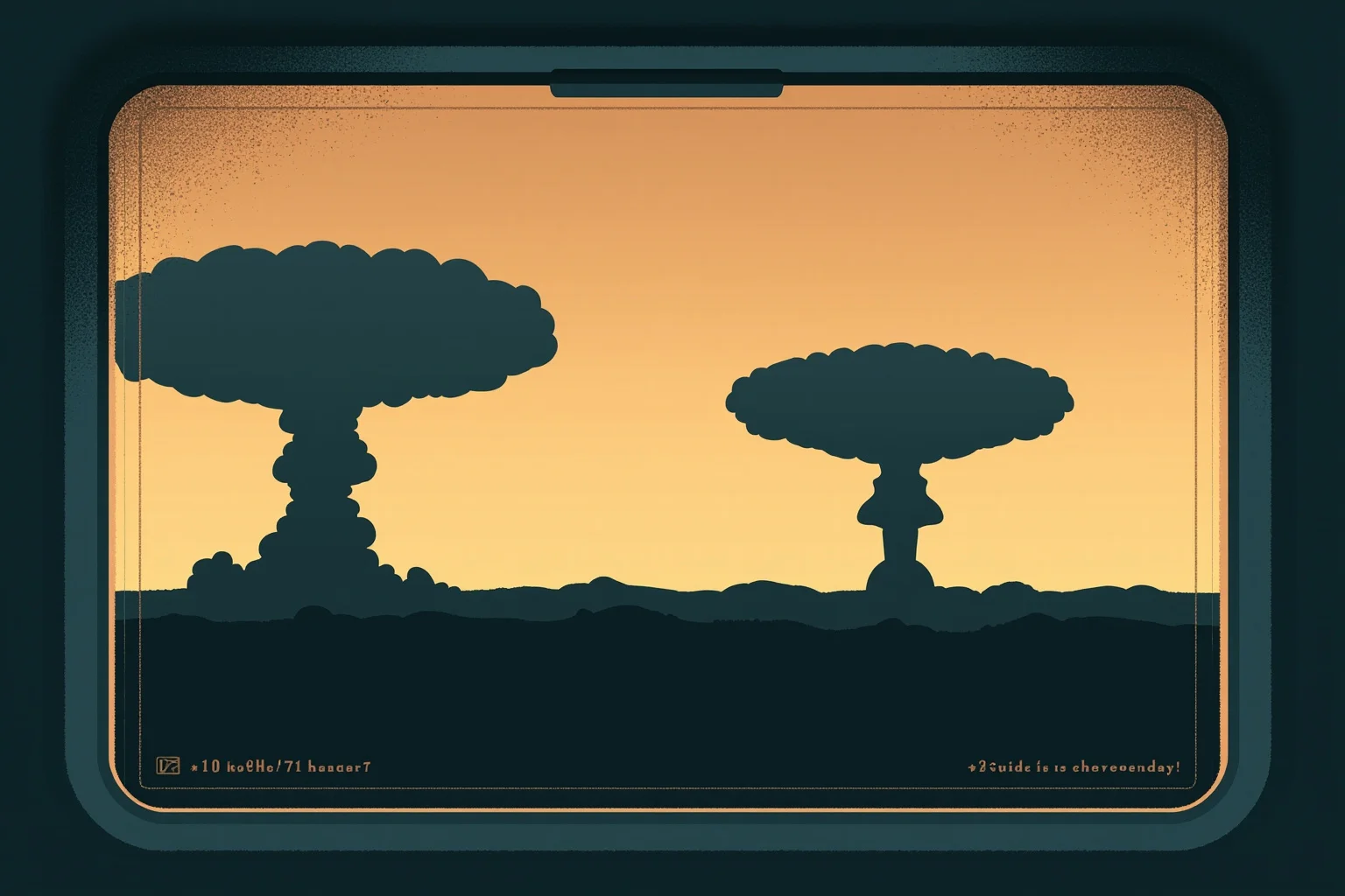 Illustration of two mushroom cloud silhouettes on a distant horizon viewed from a train window, somber muted color palette, respectful non-graphic style