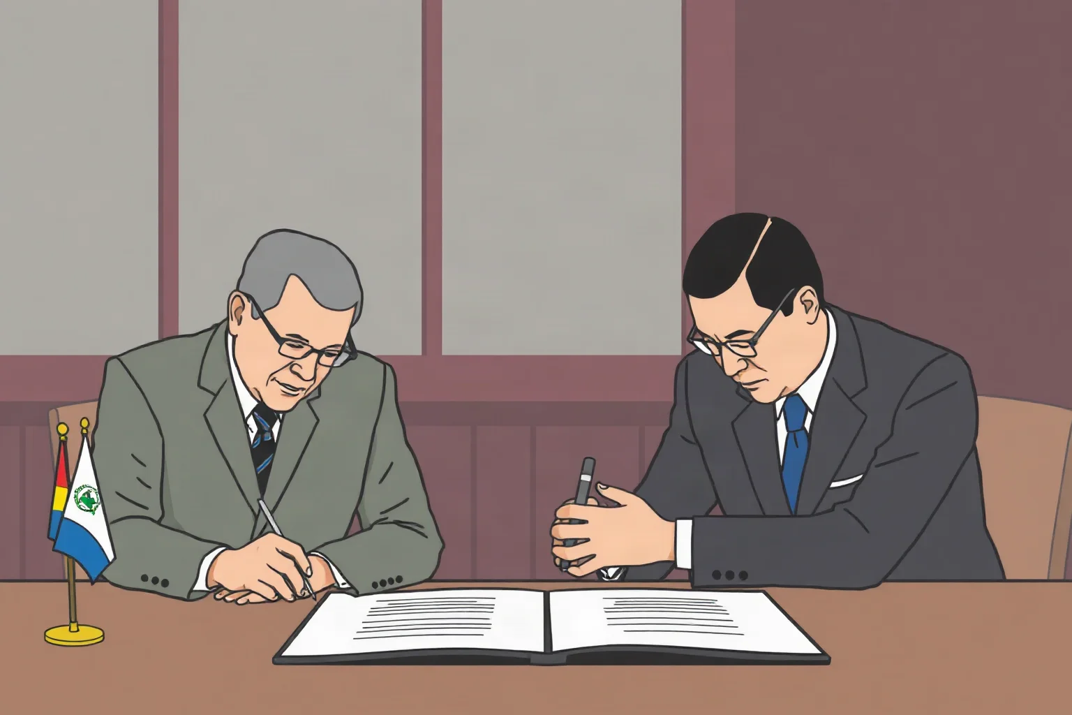Illustration of two officials signing a peace treaty document, formal setting