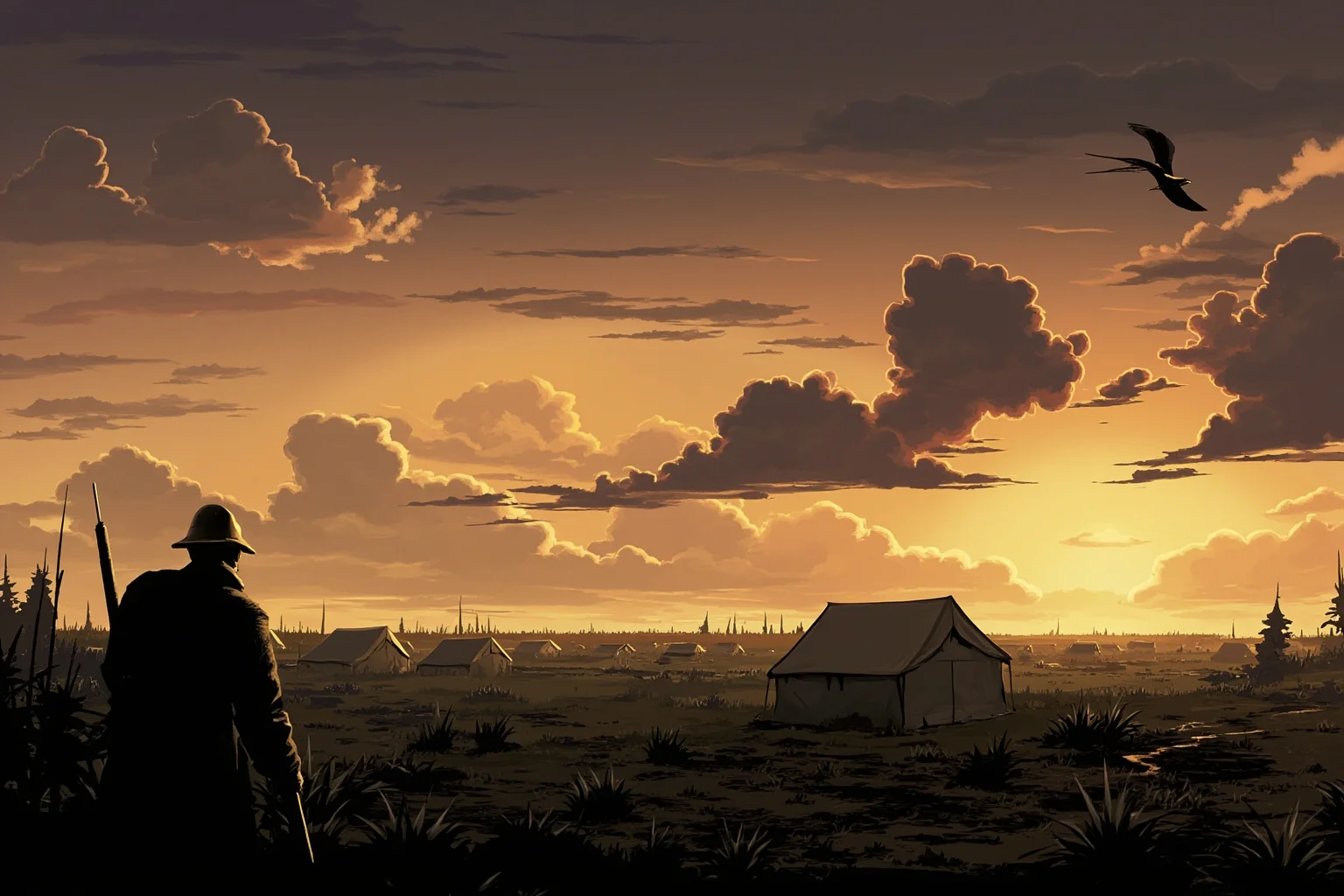 Illustration of two opposing army camps with tents on a distant battlefield at dusk, symbolizing an unfinished war