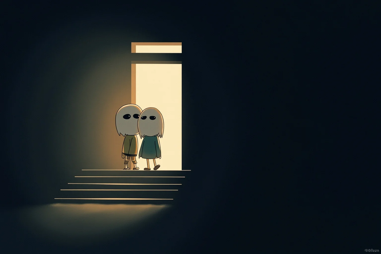 Illustration of two pale children with solid black eyes standing at a softly lit doorstep at night