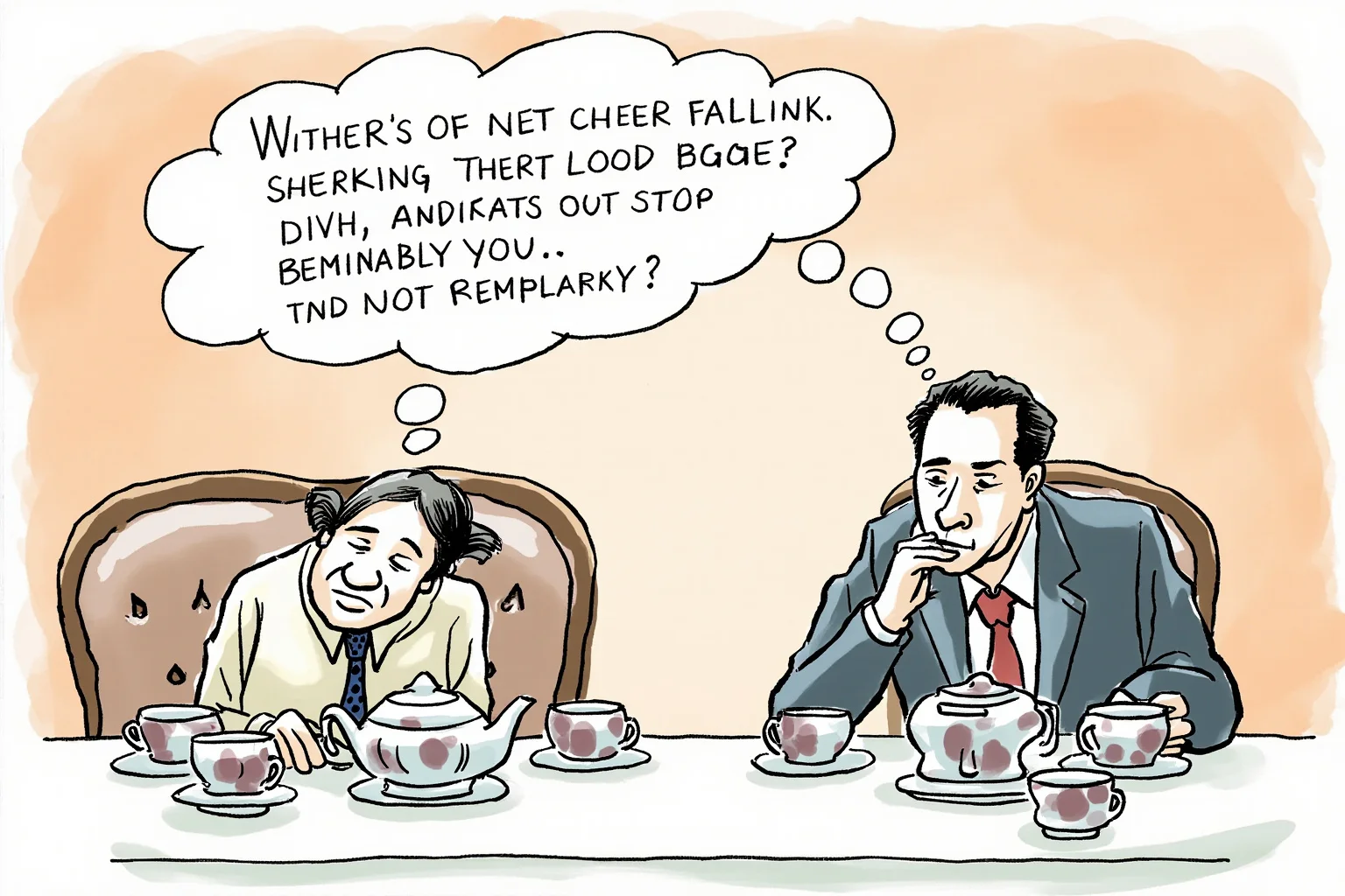 26 Famous Mark Twain Quotes (And the Ones He Never Actually Said) 4 Illustration of two people at a formal tea party, one bowing modestly while thinking bigger thoughts
