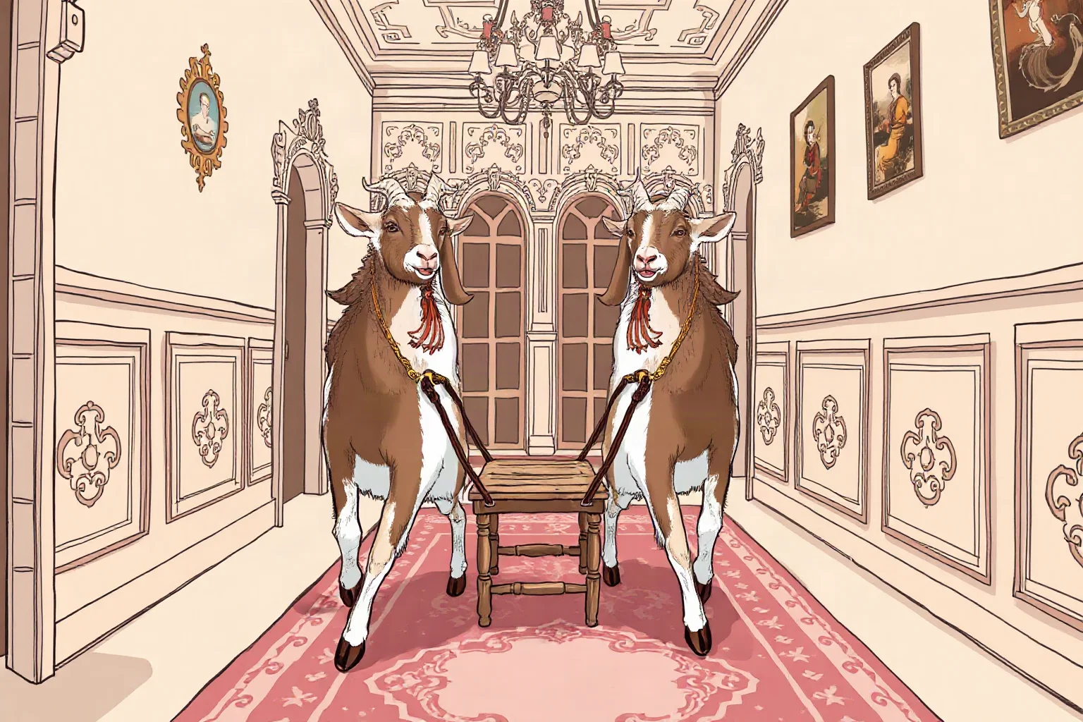 Illustration of two pet goats pulling a small wooden chair through an ornate historic hallway