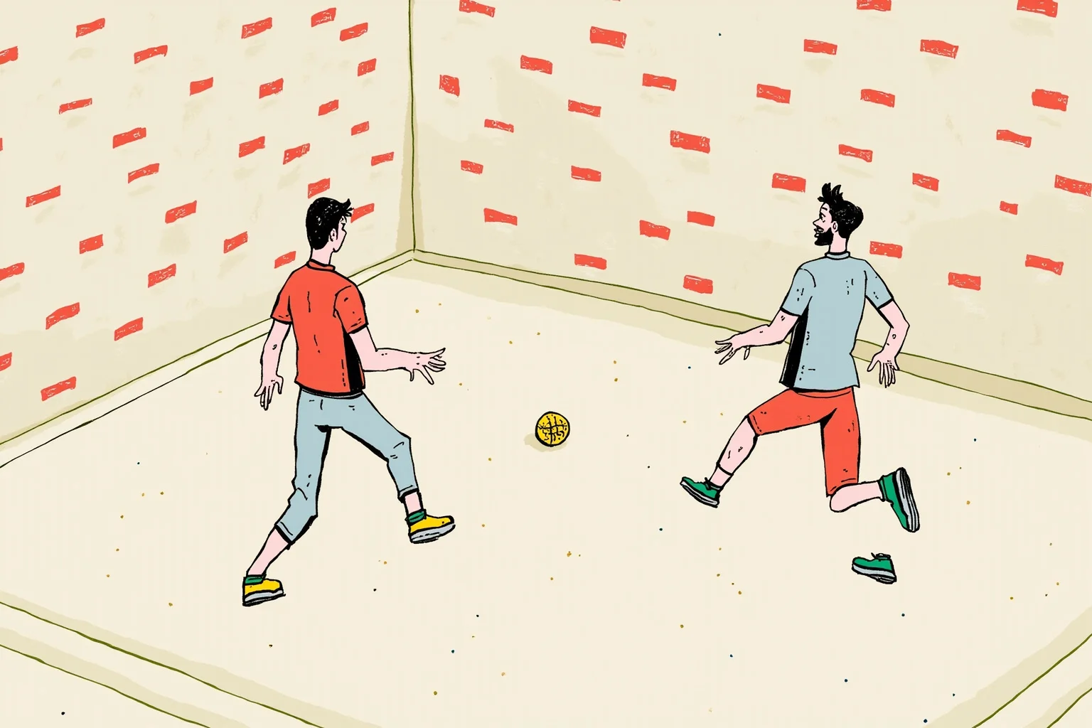 23 Olympic Sports That Don't Exist Anymore (And Why They Vanished) 16 Illustration of two players facing off in a walled Basque pelota court with a small hard ball